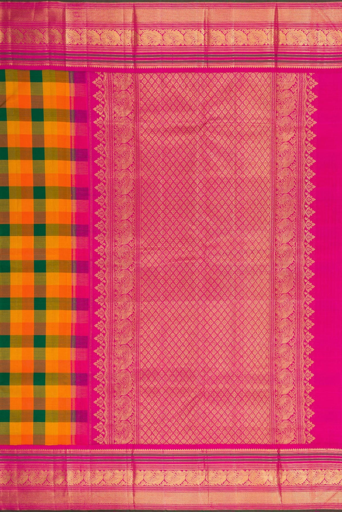 Close up image of the pallu of Multi Color Kanjivaram Silk Saree with Checked design on the body and Zari Border. 