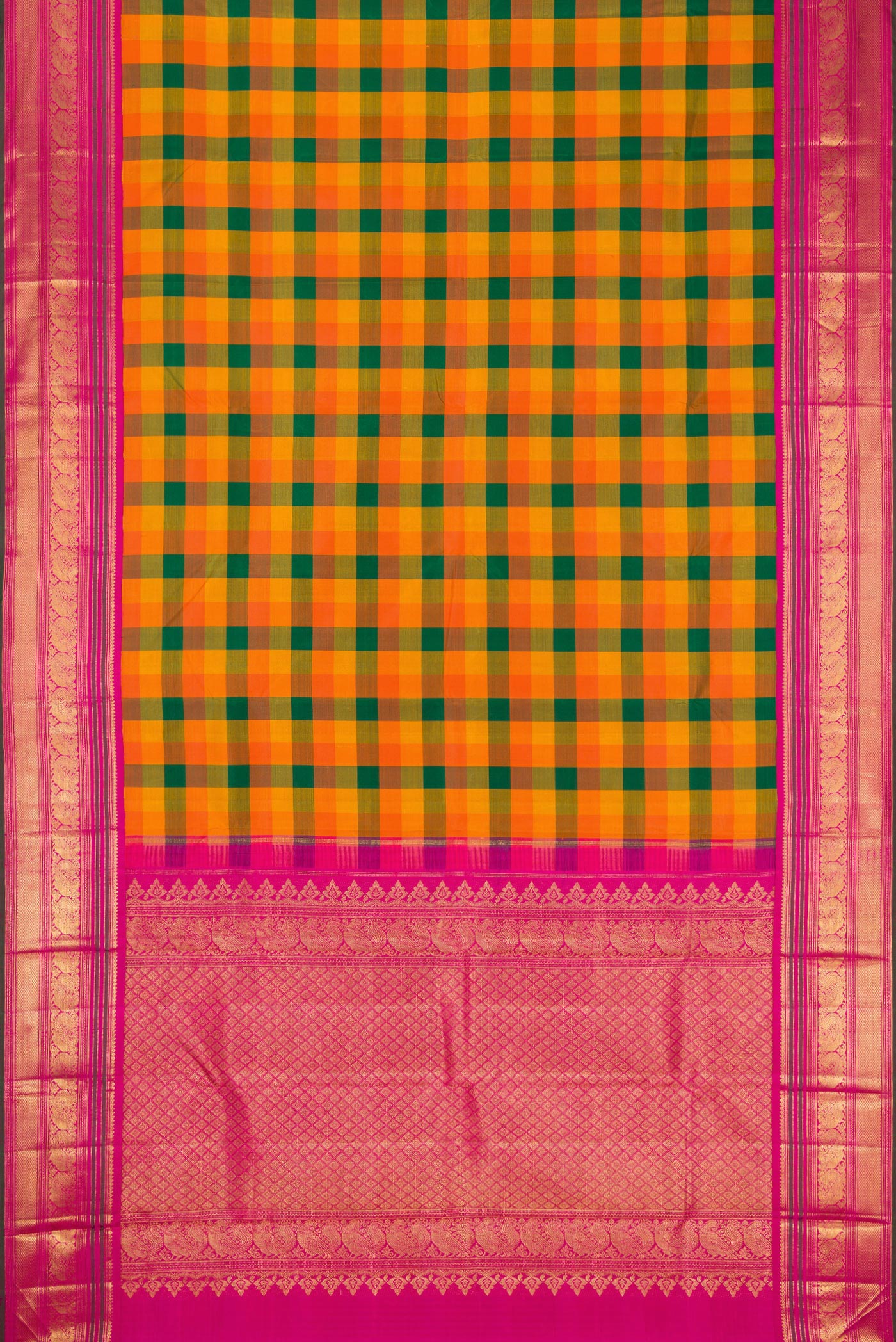 Flat view of Multi Color Kanjivaram Silk Saree with Checked design on the body and Zari Border. 
