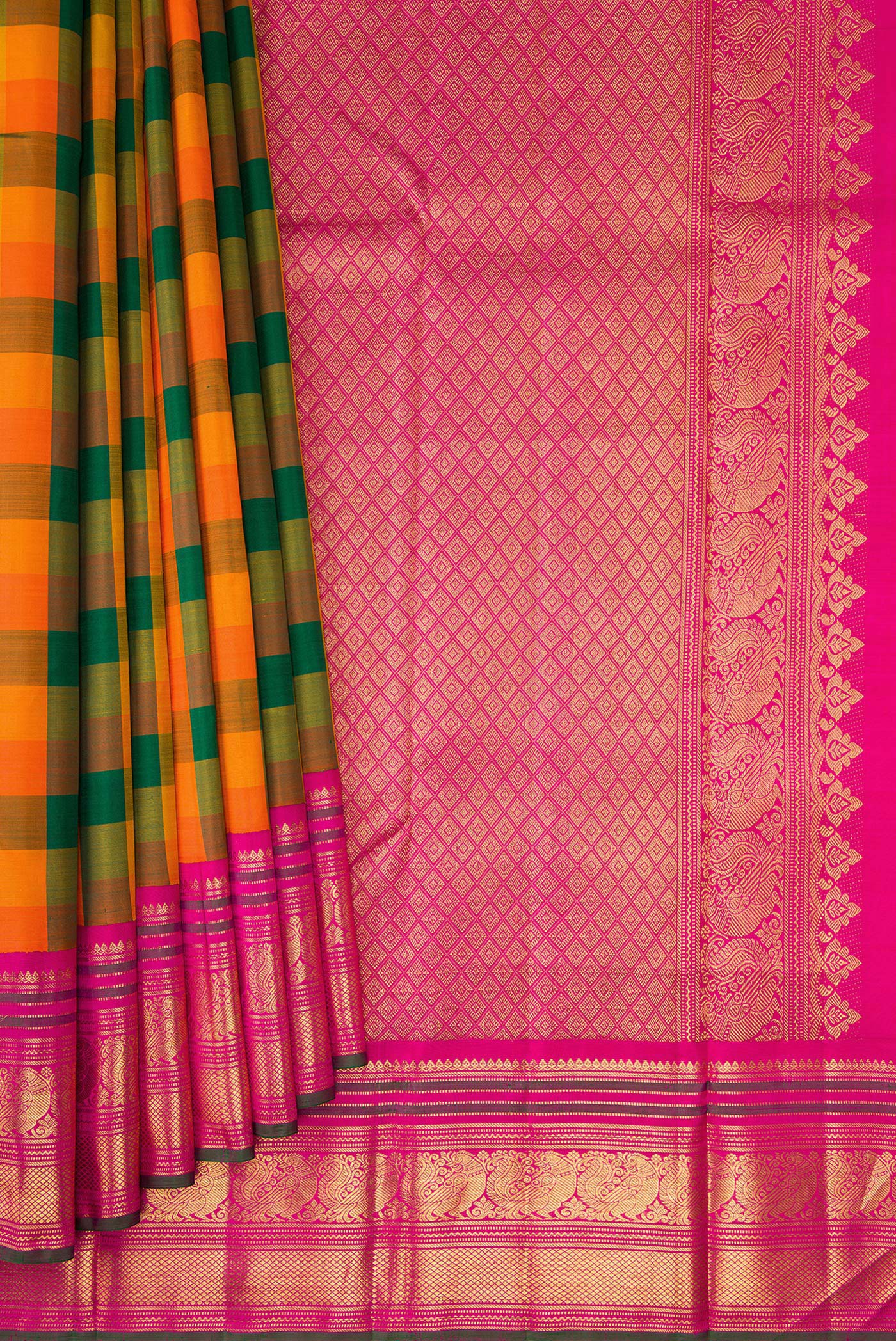 Pleats and pallu of Multi Color Kanjivaram Silk Saree with Checked design on the body and Zari Border. 