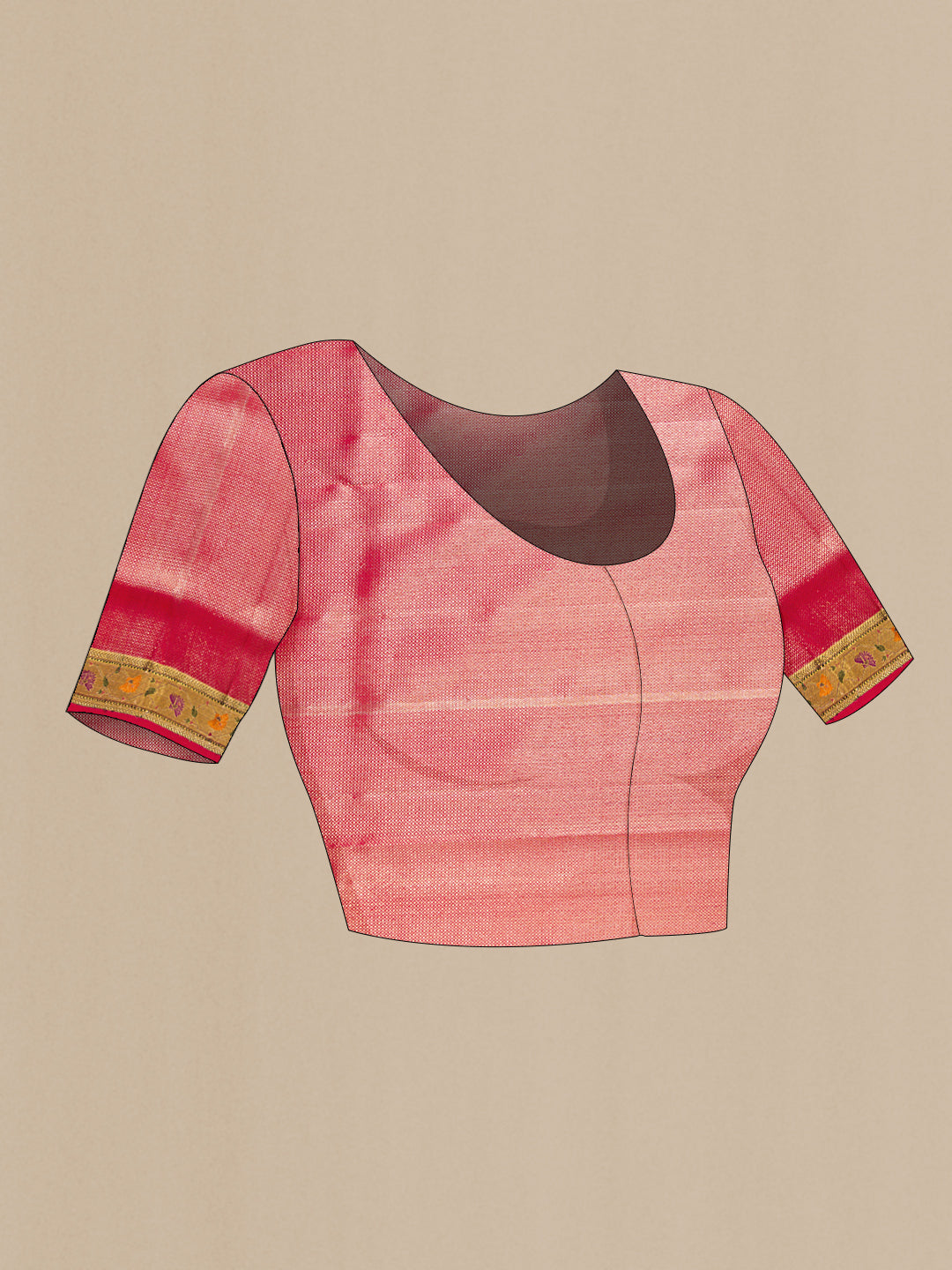 Close up image of the blouse of Pink Dual Tone Kanjivaram Tissue Silk Saree with Zari Brocade on the body and Paithani Border. 