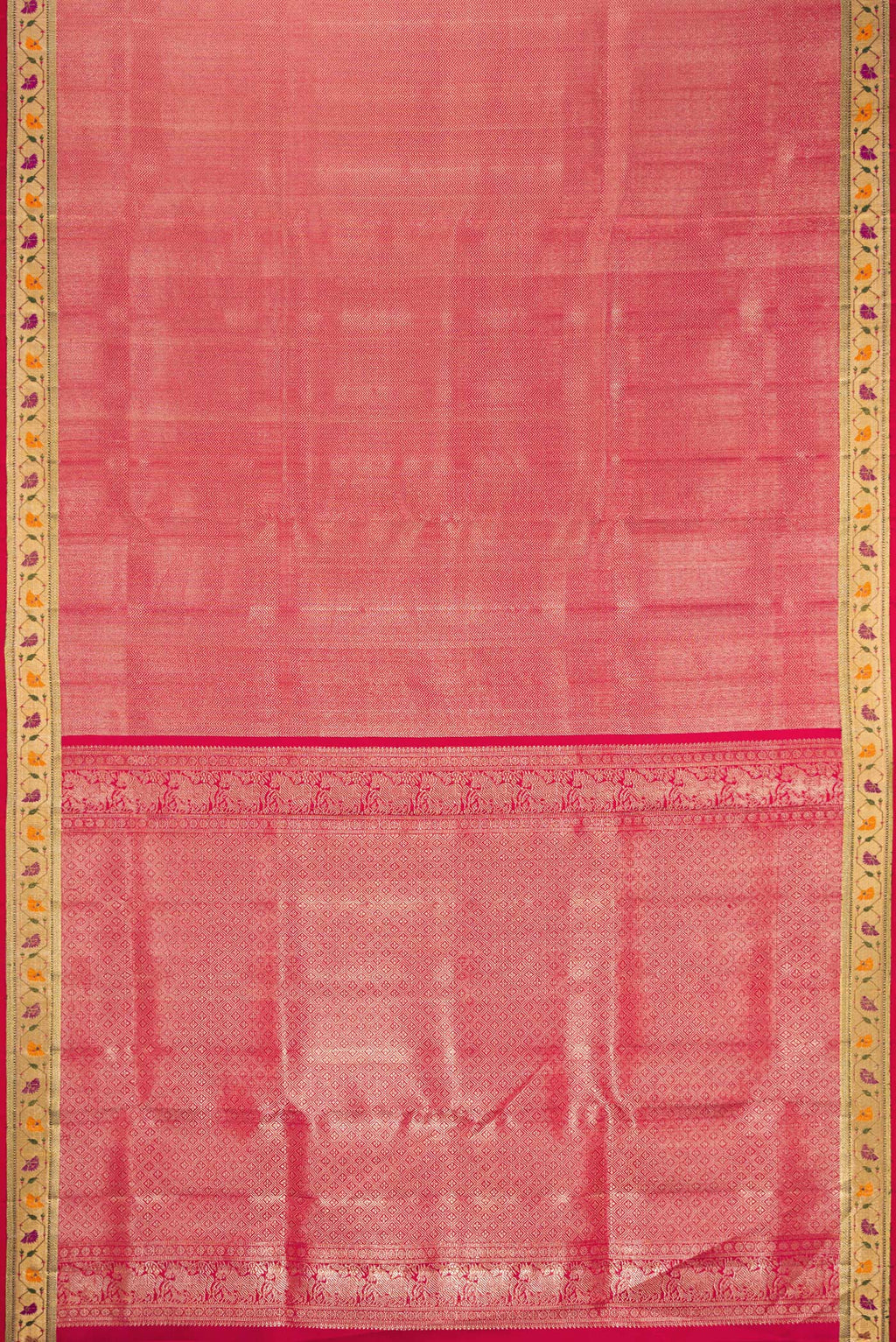 Flat view of Pink Dual Tone Kanjivaram Tissue Silk Saree with Zari Brocade on the body and Paithani Border. 