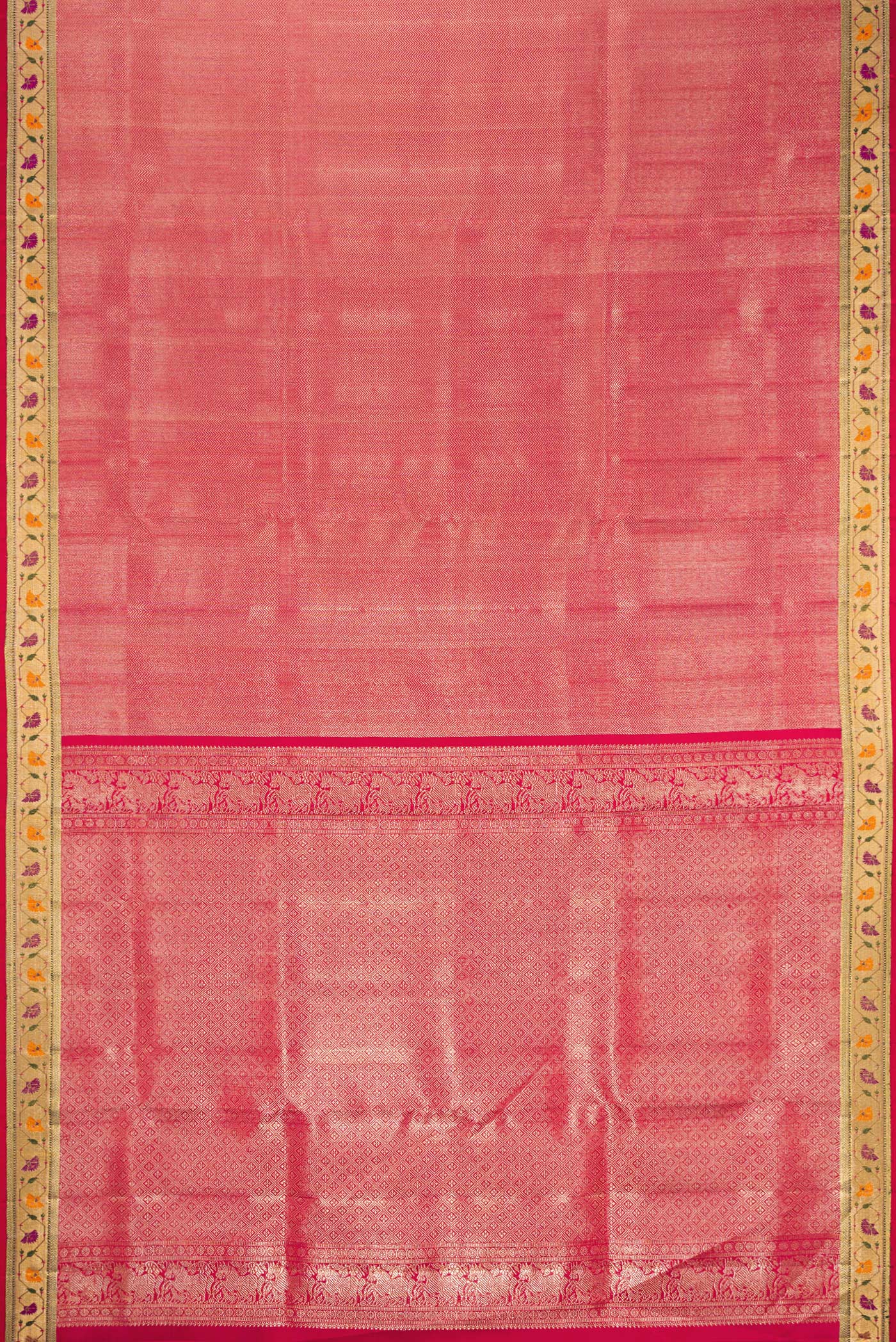 Flat view of Pink Dual Tone Kanjivaram Tissue Silk Saree with Zari Brocade on the body and Paithani Border. 