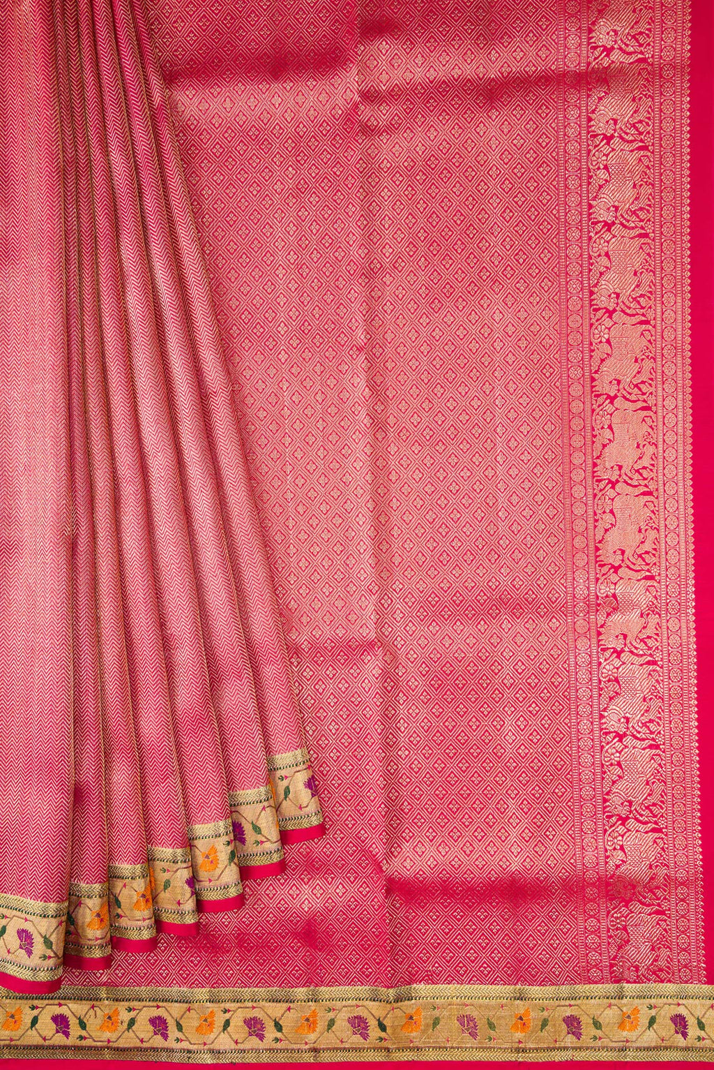Pleats and pallu of Pink Dual Tone Kanjivaram Tissue Silk Saree with Zari Brocade on the body and Paithani Border. 