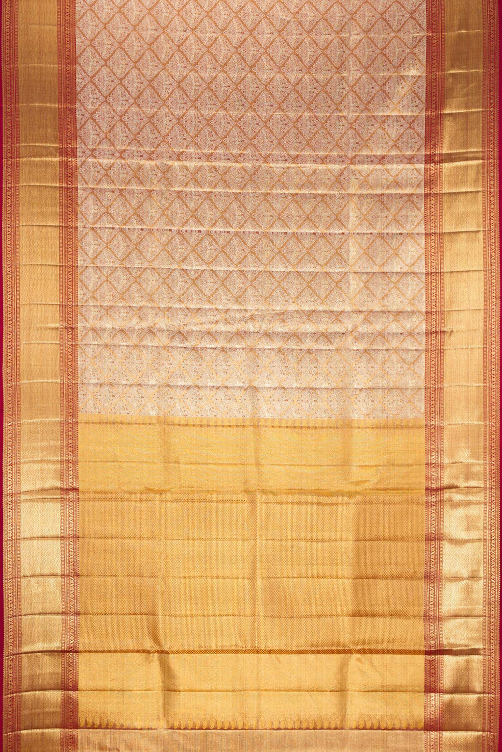 Flat view of Gold Dual Tone Kanjivaram Tissue Silk Saree with Zari Brocade on the body and Zari Border. 