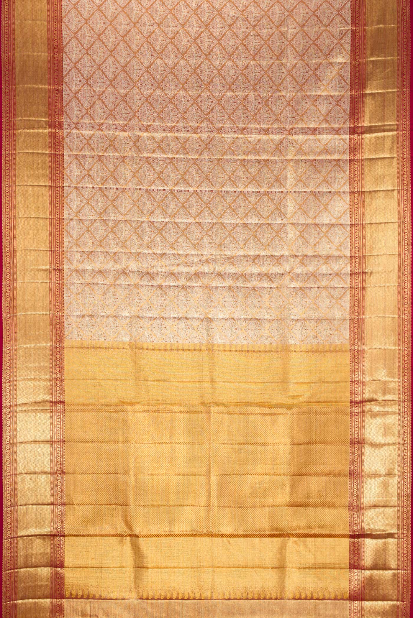 Flat view of Gold Dual Tone Kanjivaram Tissue Silk Saree with Zari Brocade on the body and Zari Border. 