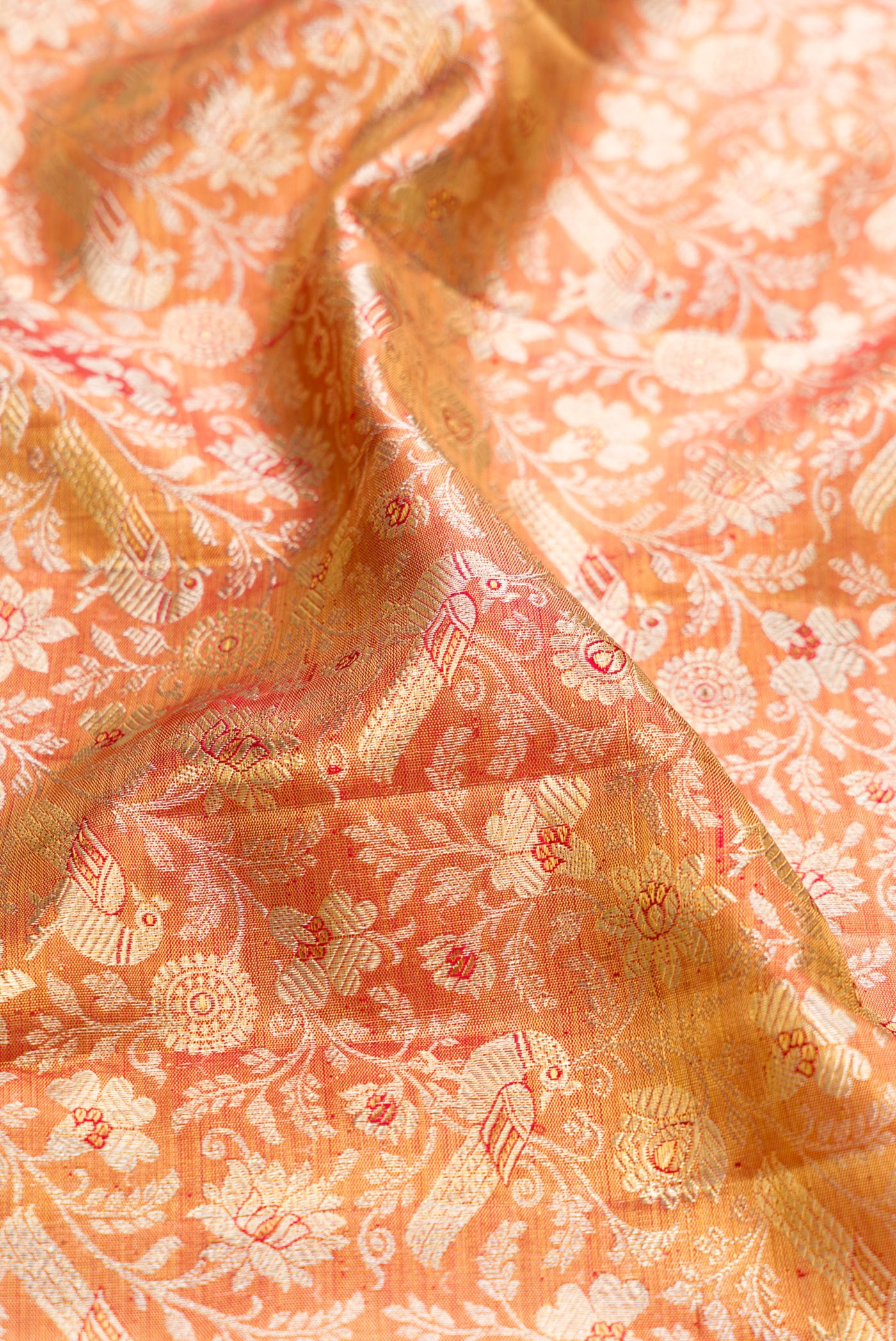 Close up of Gold Dual Tone Kanjivaram Tissue Silk Saree with Zari Brocade on the body and Zari Border.  displaying folds