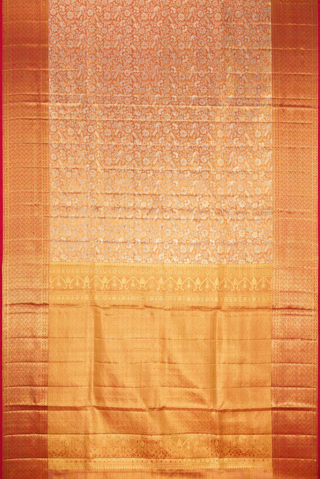 Flat view of Gold Dual Tone Kanjivaram Tissue Silk Saree with Zari Brocade on the body and Zari Border. 