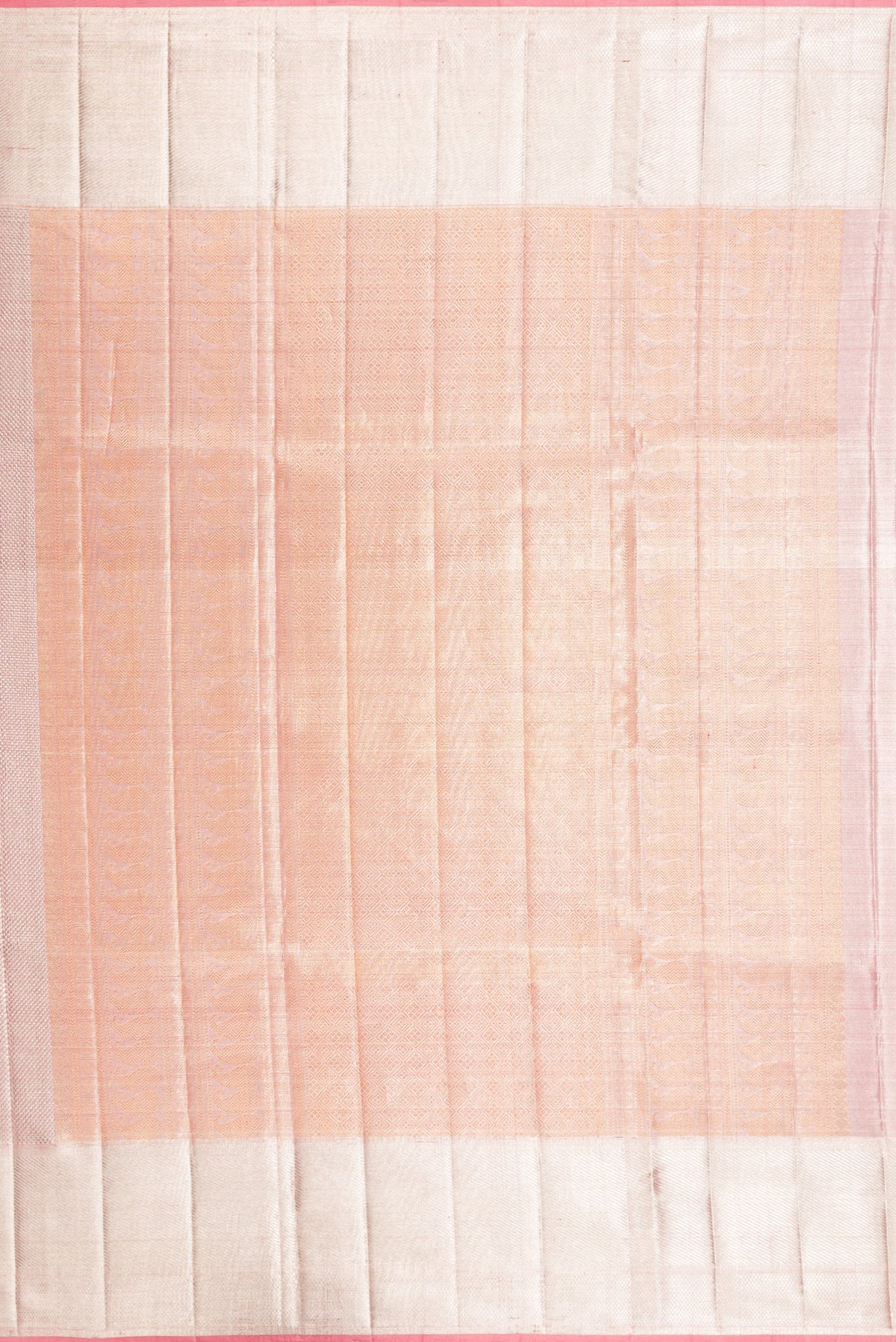 Close up image of the pallu of Pink Dual Tone Kanjivaram Tissue Silk Saree with Zari Brocade on the body and Zari Border. 