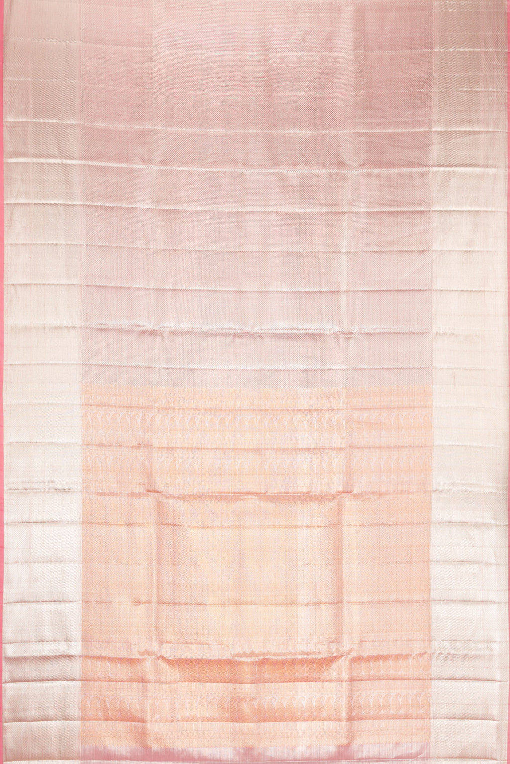 Flat view of Pink Dual Tone Kanjivaram Tissue Silk Saree with Zari Brocade on the body and Zari Border. 