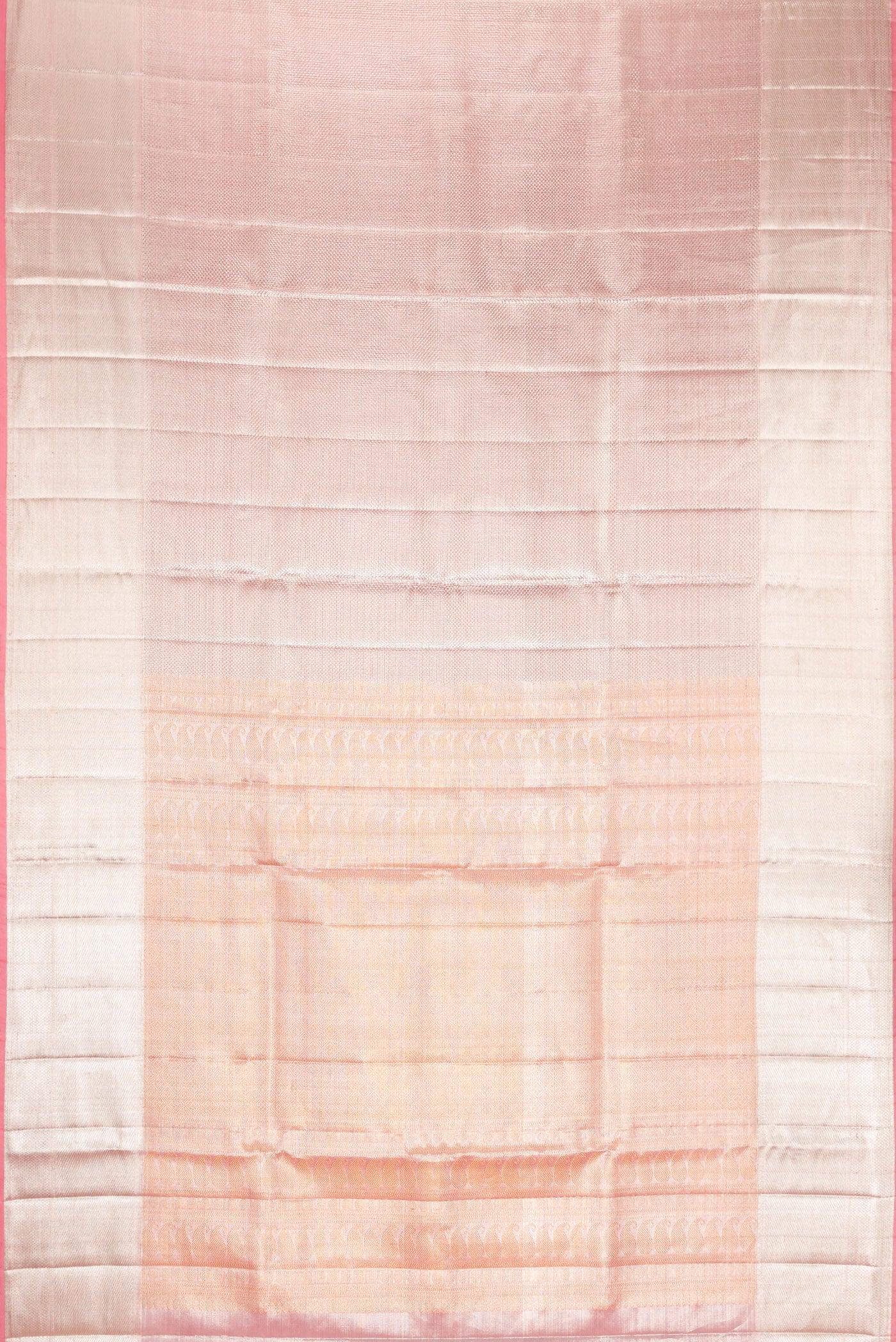 Flat view of Pink Dual Tone Kanjivaram Tissue Silk Saree with Zari Brocade on the body and Zari Border. 