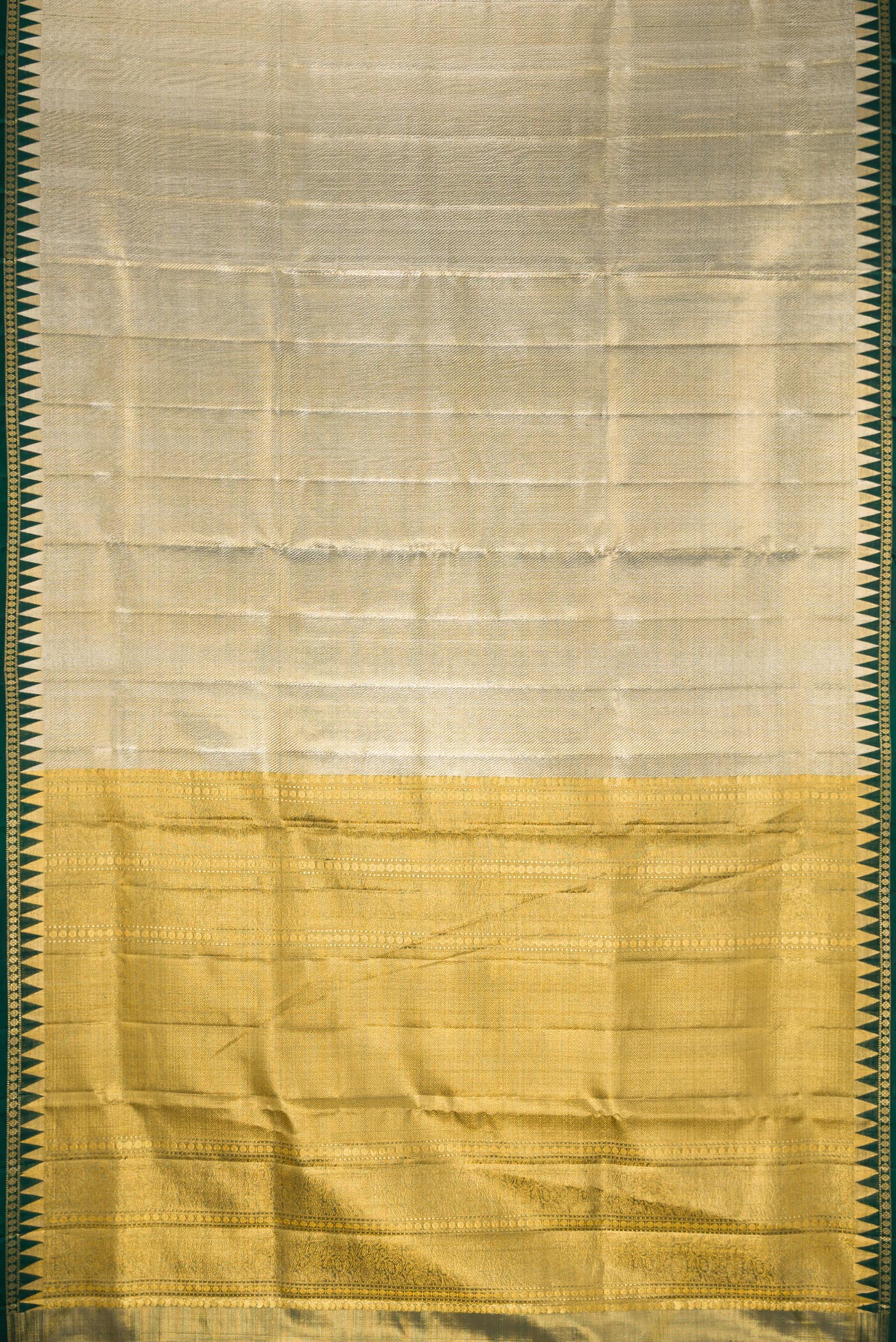 Flat view of Gold Dual Tone Kanjivaram Tissue Silk Saree with Zari Brocade on the body and Temple Border. 