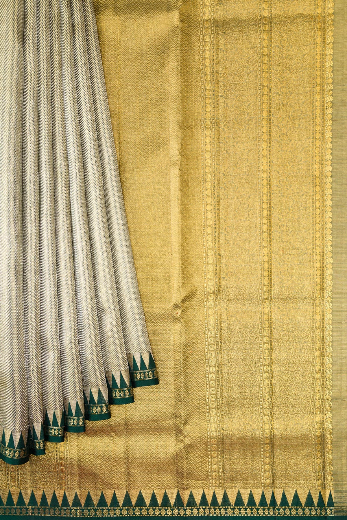 Pleats and pallu of Gold Dual Tone Kanjivaram Tissue Silk Saree with Zari Brocade on the body and Temple Border. 