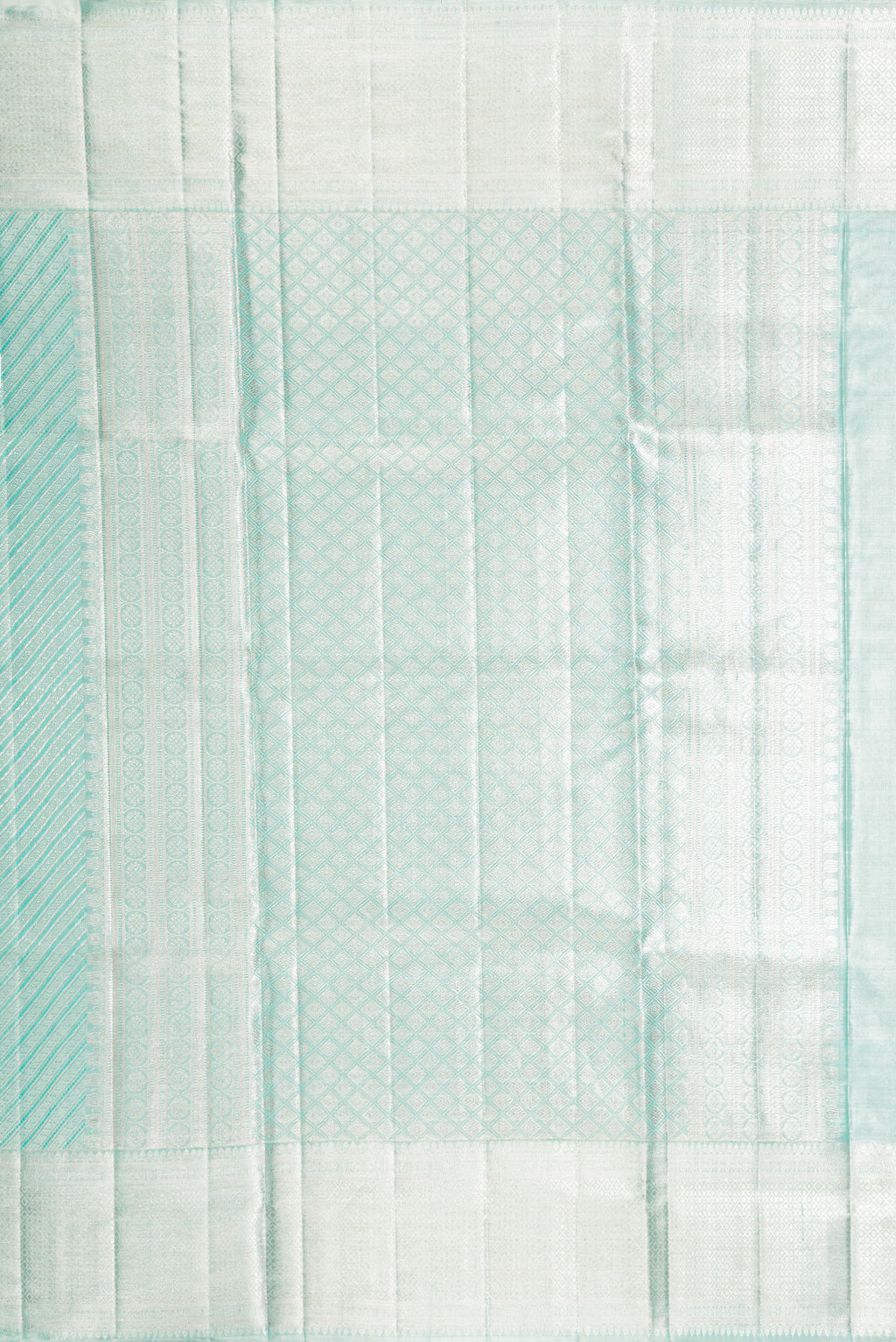 Close up image of the pallu of Pure Silk Pure Zari Sky Blue Dual Tone Kanjivaram Tissue Saree with Zari Brocade on the body and Zari Border. 