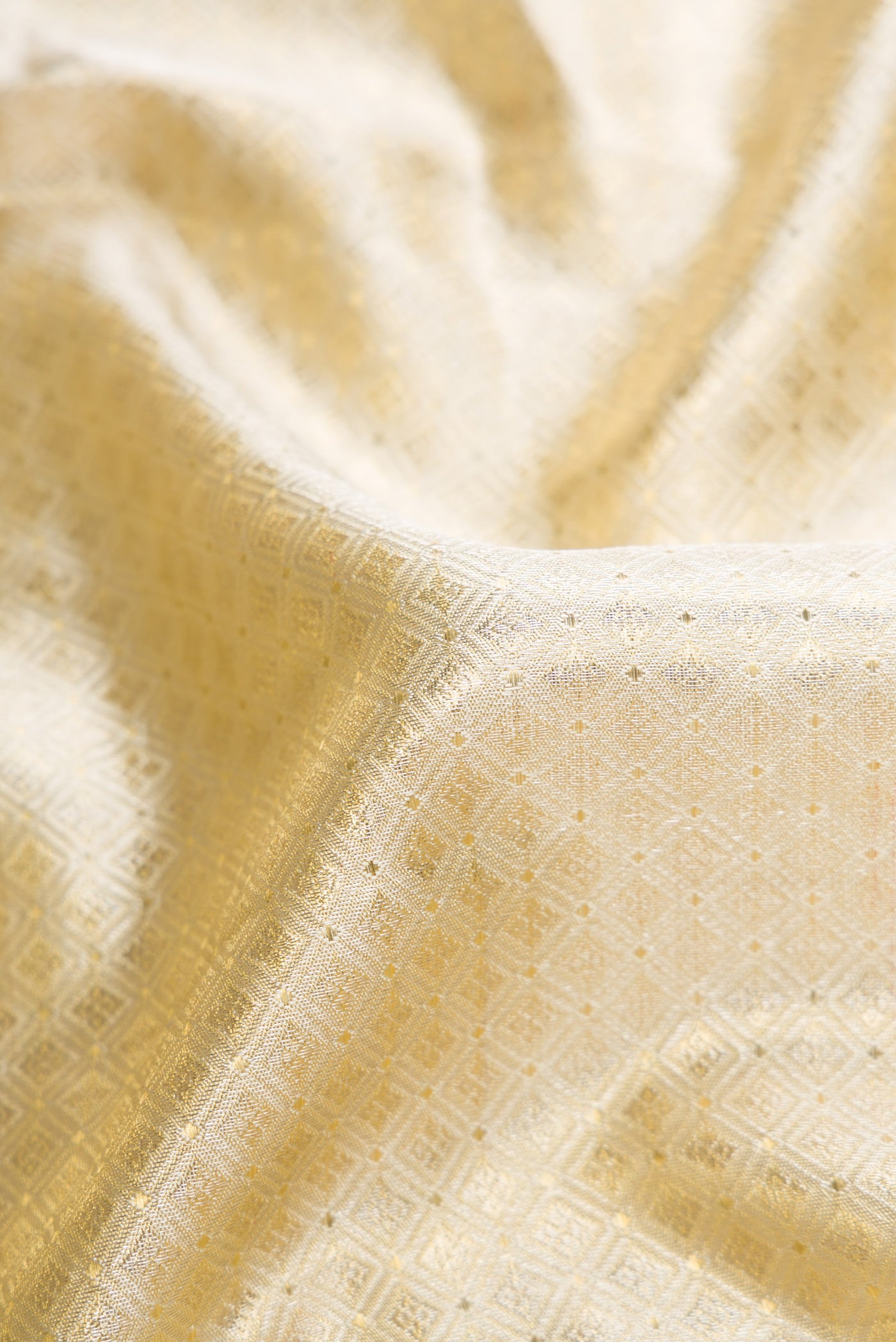 Close up of Off White Dual Tone Kanjivaram Tissue Silk Saree with Zari Brocade on the body and Zari Border.  displaying folds