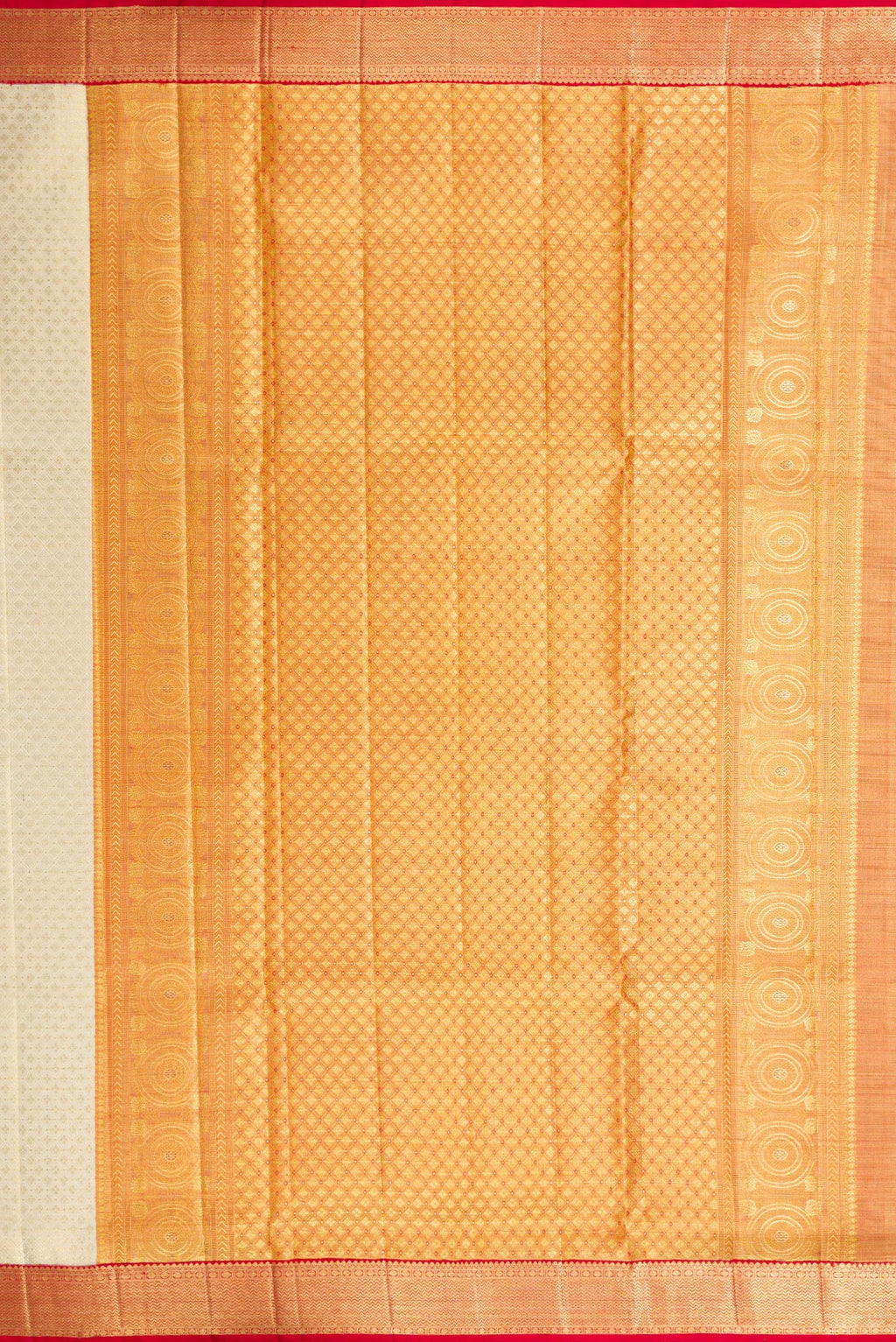 Close up image of the pallu of Off White Dual Tone Kanjivaram Tissue Silk Saree with Zari Brocade on the body and Zari Border. 