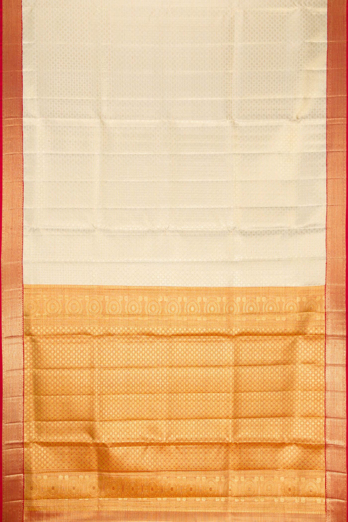 Flat view of Off White Dual Tone Kanjivaram Tissue Silk Saree with Zari Brocade on the body and Zari Border. 