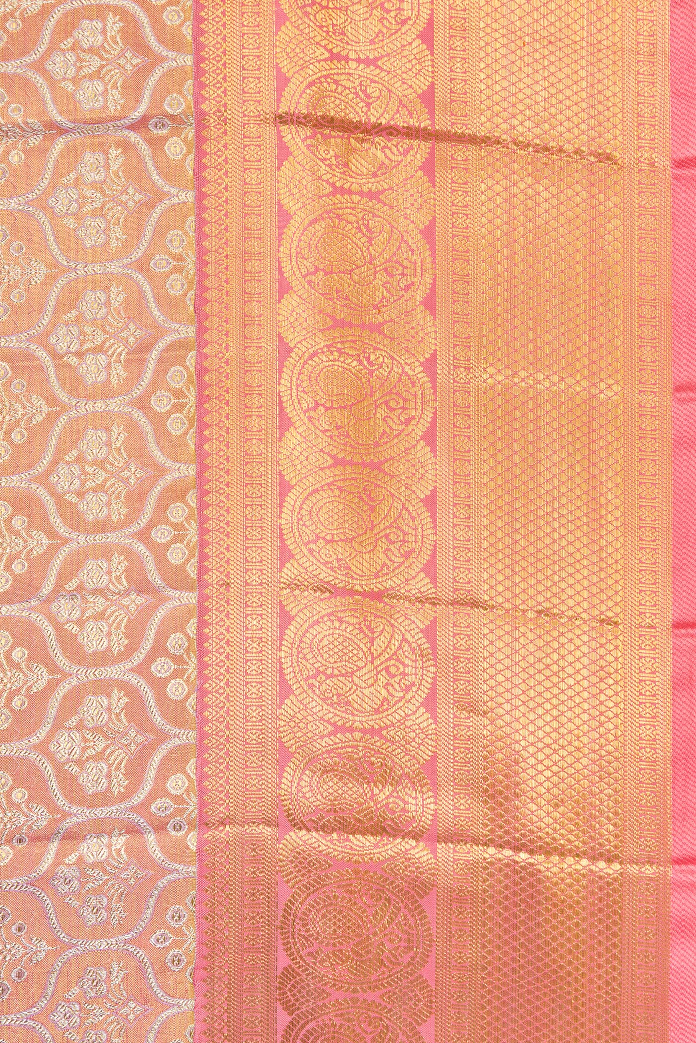 Border image of Pink Dual Tone Kanjivaram Tissue Silk Saree with Zari Brocade on the body and Zari Border. 