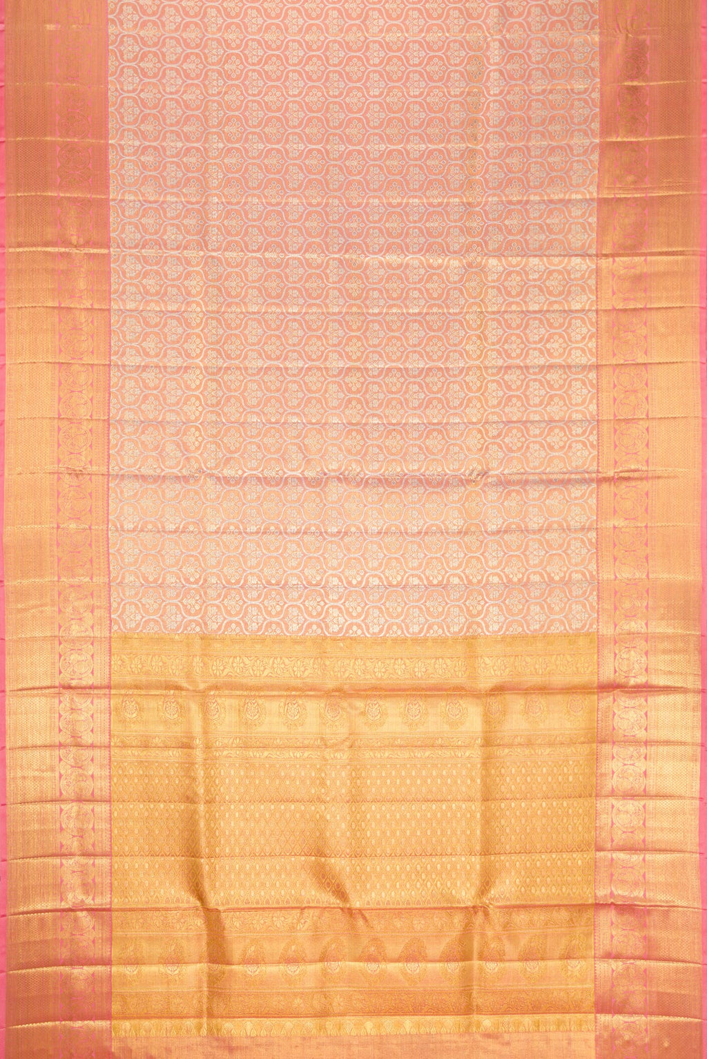 Flat view of Pink Dual Tone Kanjivaram Tissue Silk Saree with Zari Brocade on the body and Zari Border. 
