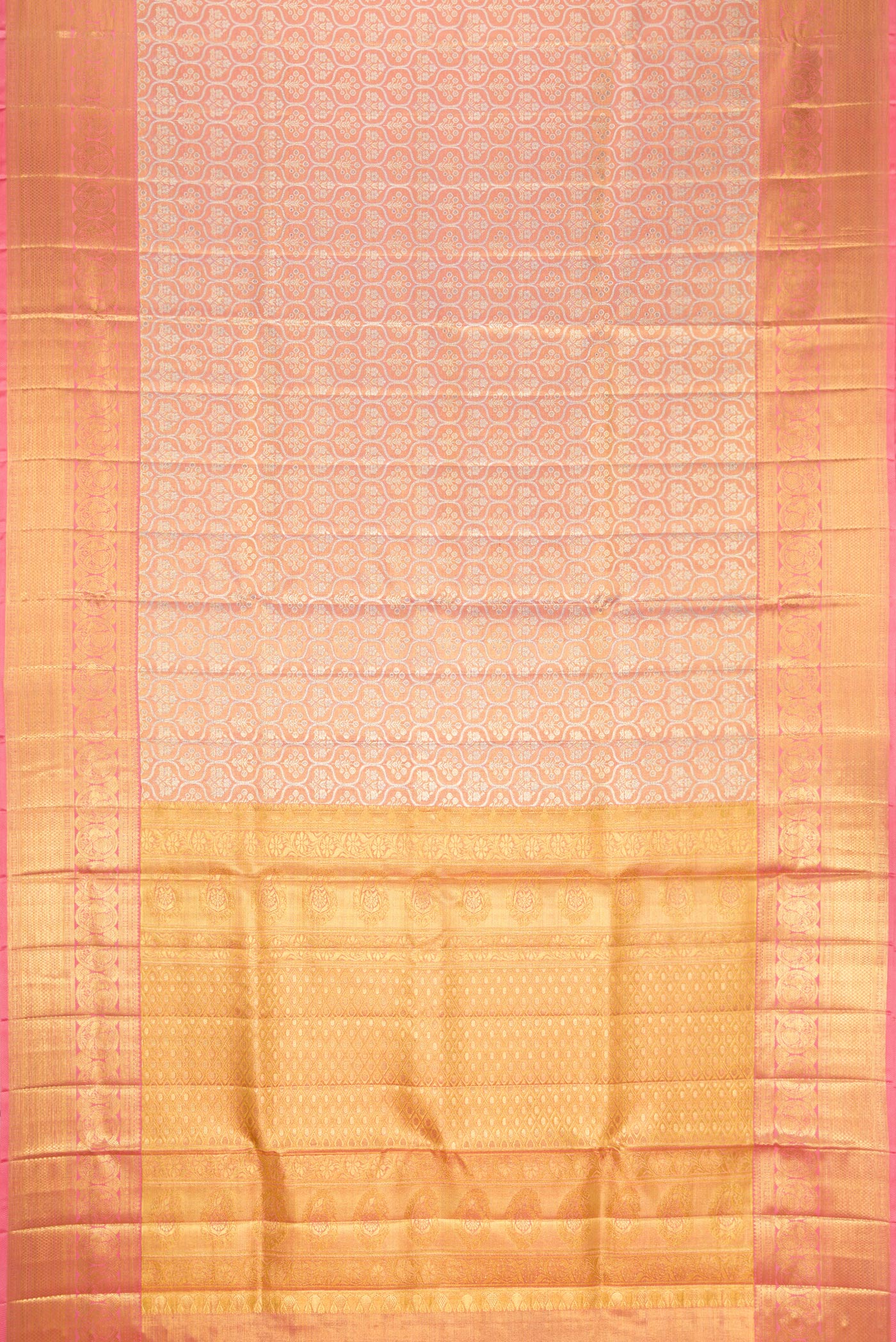 Flat view of Pink Dual Tone Kanjivaram Tissue Silk Saree with Zari Brocade on the body and Zari Border. 
