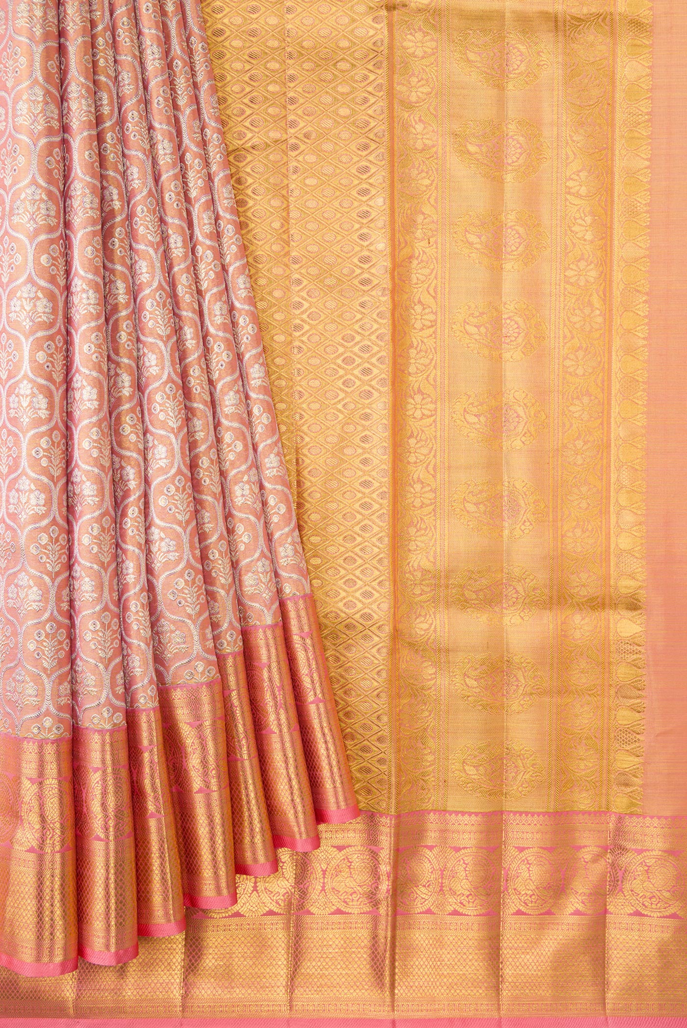 Pleats and pallu of Pink Dual Tone Kanjivaram Tissue Silk Saree with Zari Brocade on the body and Zari Border. 