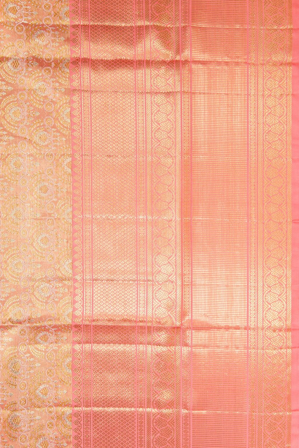 Border image of Peach Dual Tone Kanjivaram Tissue Silk Saree with Zari Brocade on the body and Zari Border. 
