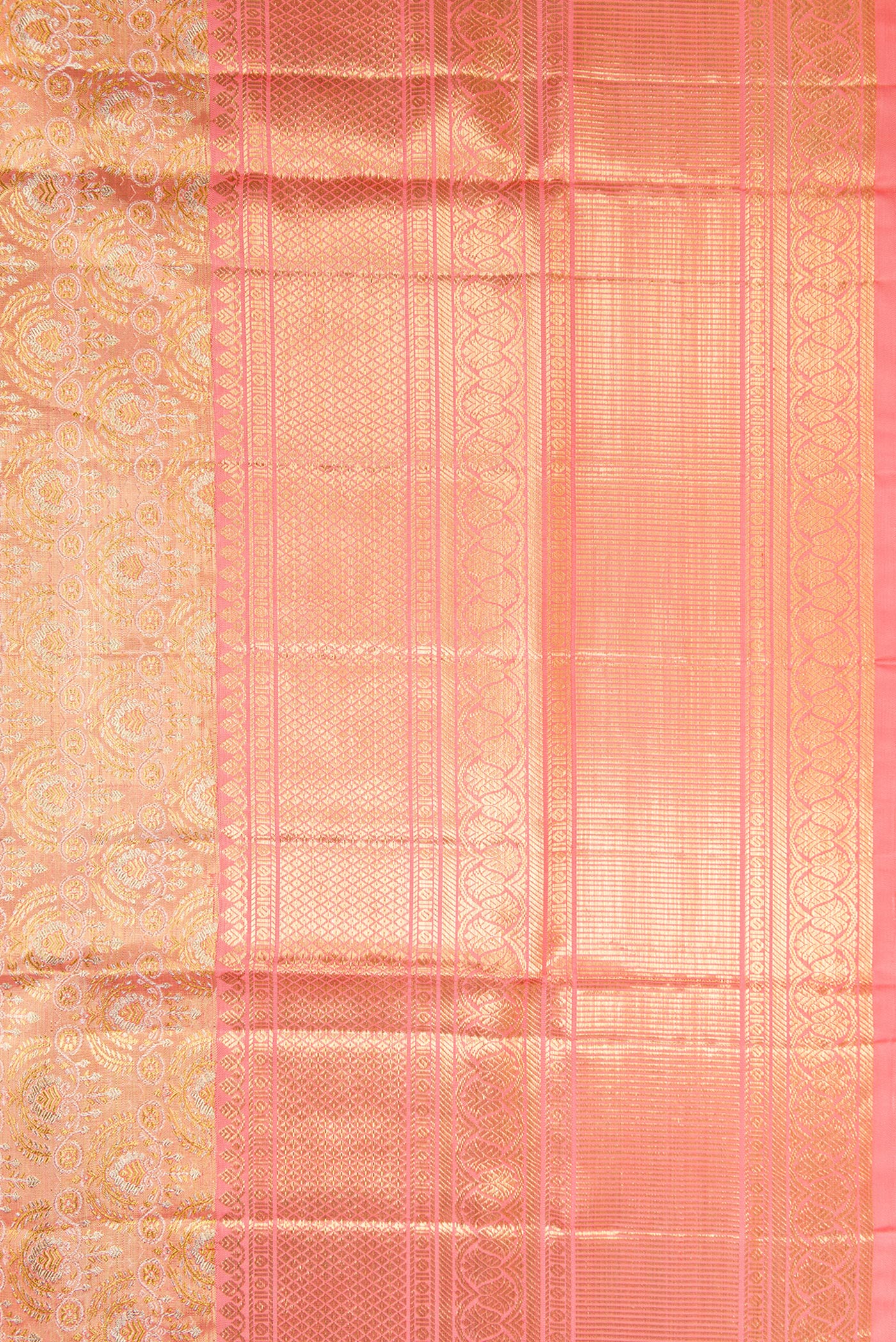 Border image of Peach Dual Tone Kanjivaram Tissue Silk Saree with Zari Brocade on the body and Zari Border. 