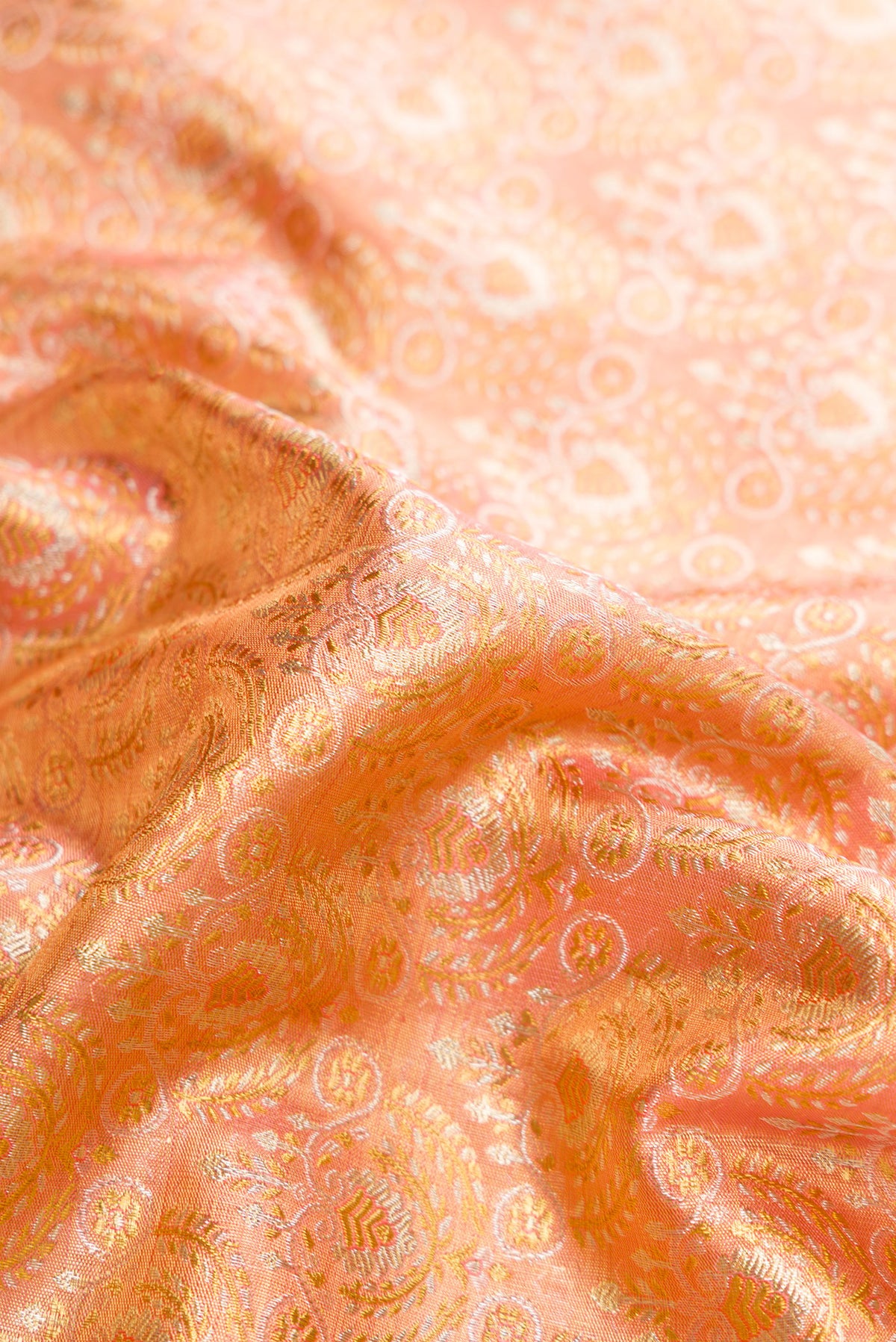 Close up of Peach Dual Tone Kanjivaram Tissue Silk Saree with Zari Brocade on the body and Zari Border.  displaying folds