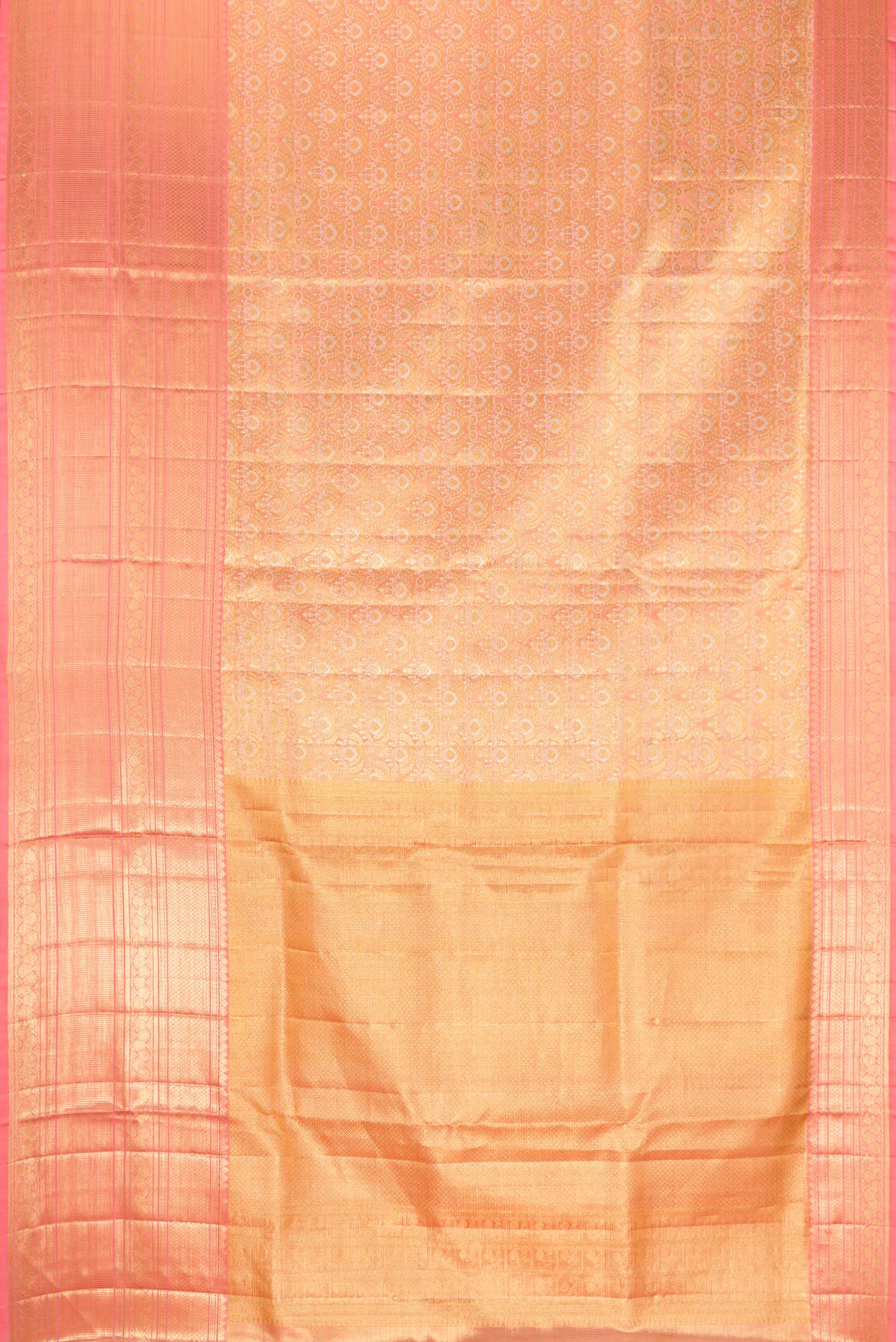 Flat view of Peach Dual Tone Kanjivaram Tissue Silk Saree with Zari Brocade on the body and Zari Border. 