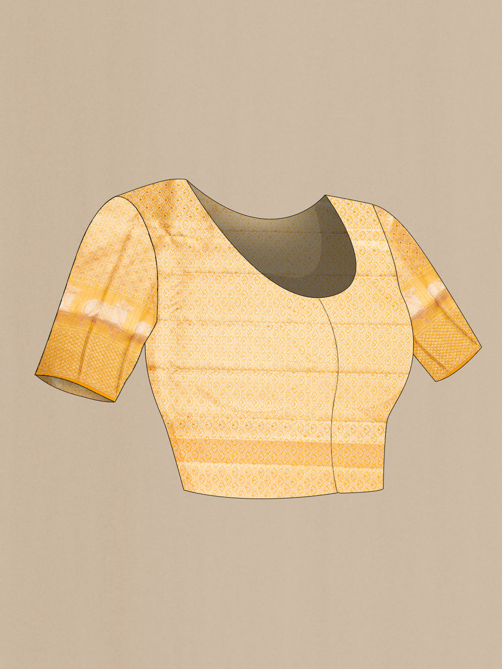 Close up image of the blouse of Pure Silk Pure Zari Yellow Dual Tone Kanjivaram Tissue Saree with Zari Brocade on the body and Fancy Border. 