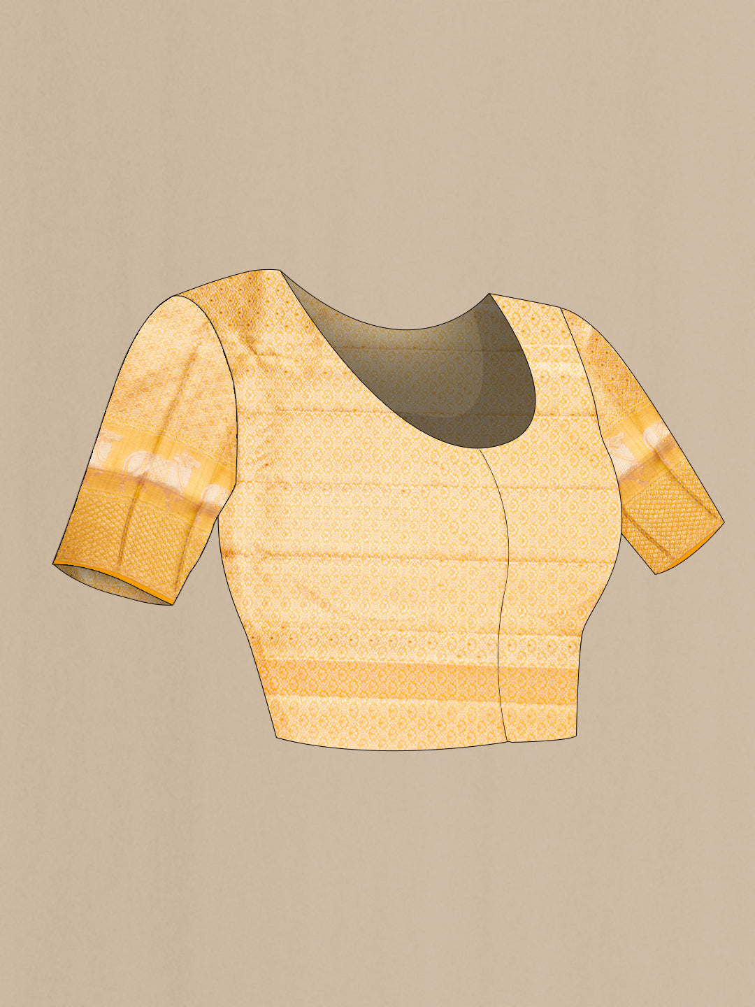 Close up image of the blouse of Pure Silk Pure Zari Yellow Dual Tone Kanjivaram Tissue Saree with Zari Brocade on the body and Fancy Border. 