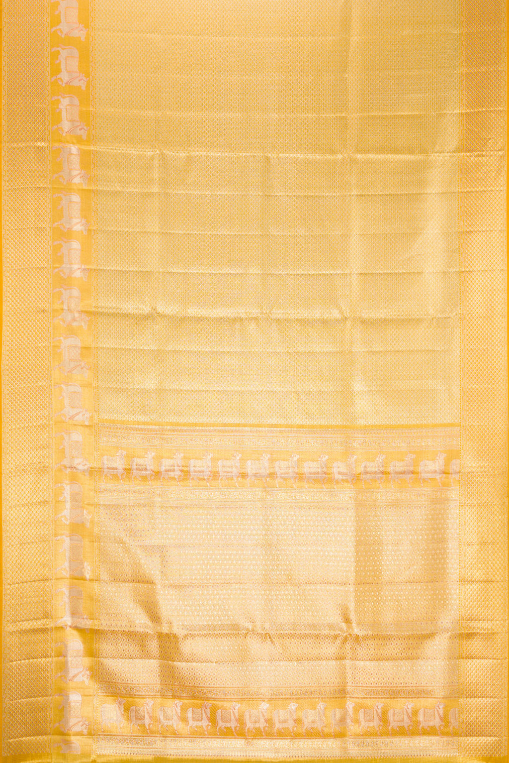 Flat view of Pure Silk Pure Zari Yellow Dual Tone Kanjivaram Tissue Saree with Zari Brocade on the body and Fancy Border. 