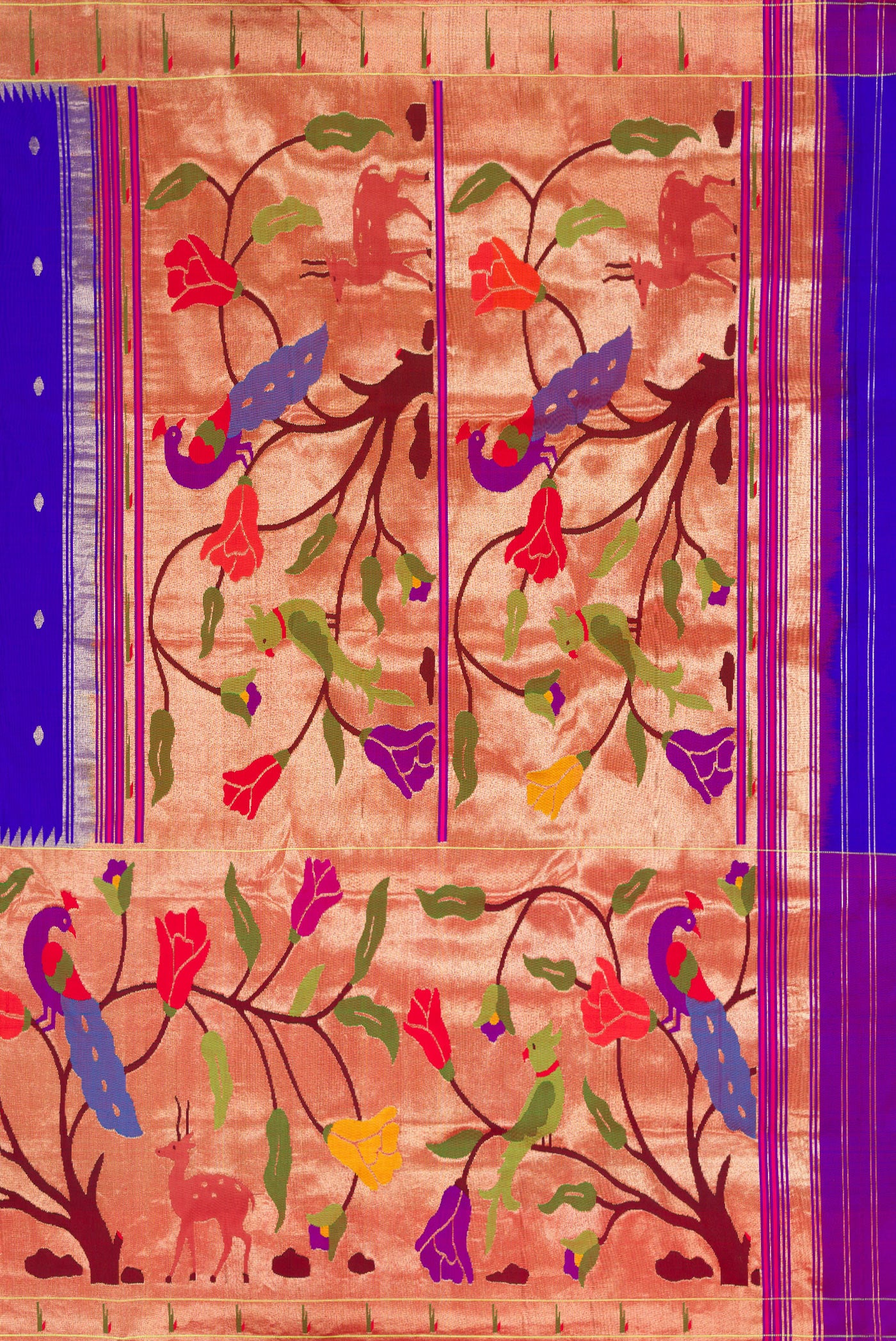 Close up image of the pallu of Pure Silk Pure Zari Royal Blue Dual Tone Paithani Saree with Zari Butta on the body and Paithani Border. 