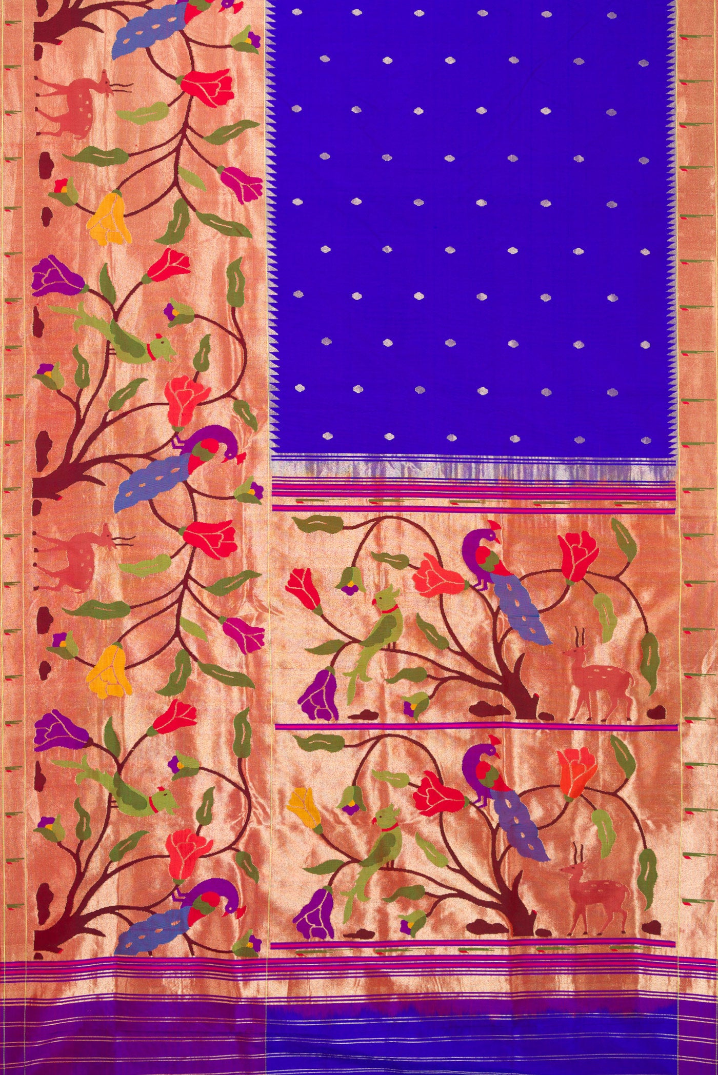 Flat view of Pure Silk Pure Zari Royal Blue Dual Tone Paithani Saree with Zari Butta on the body and Paithani Border. 