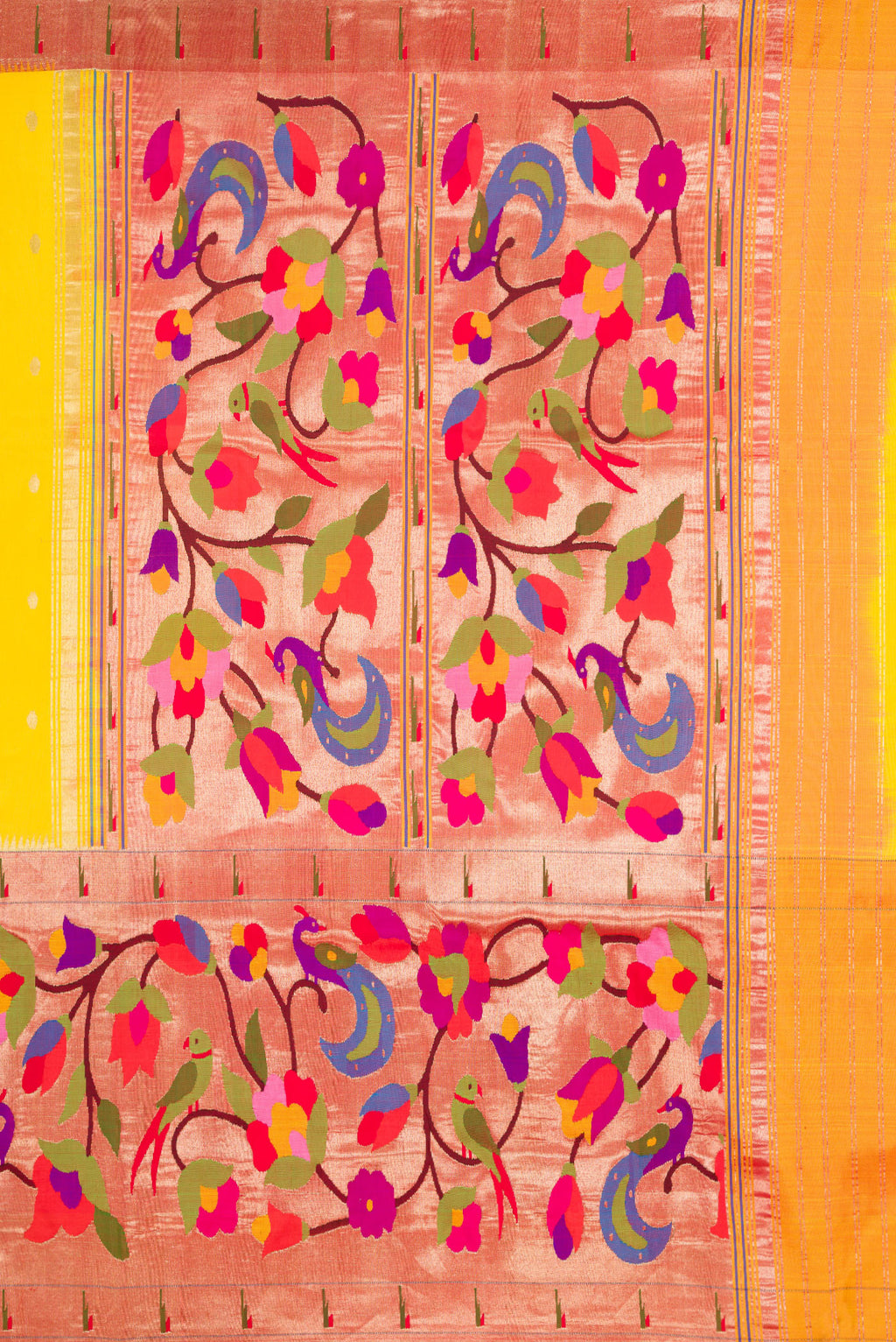 Close up image of the pallu of Pure Silk Pure Zari Yellow Dual Tone Paithani Saree with Zari Butta on the body and Paithani Border. 
