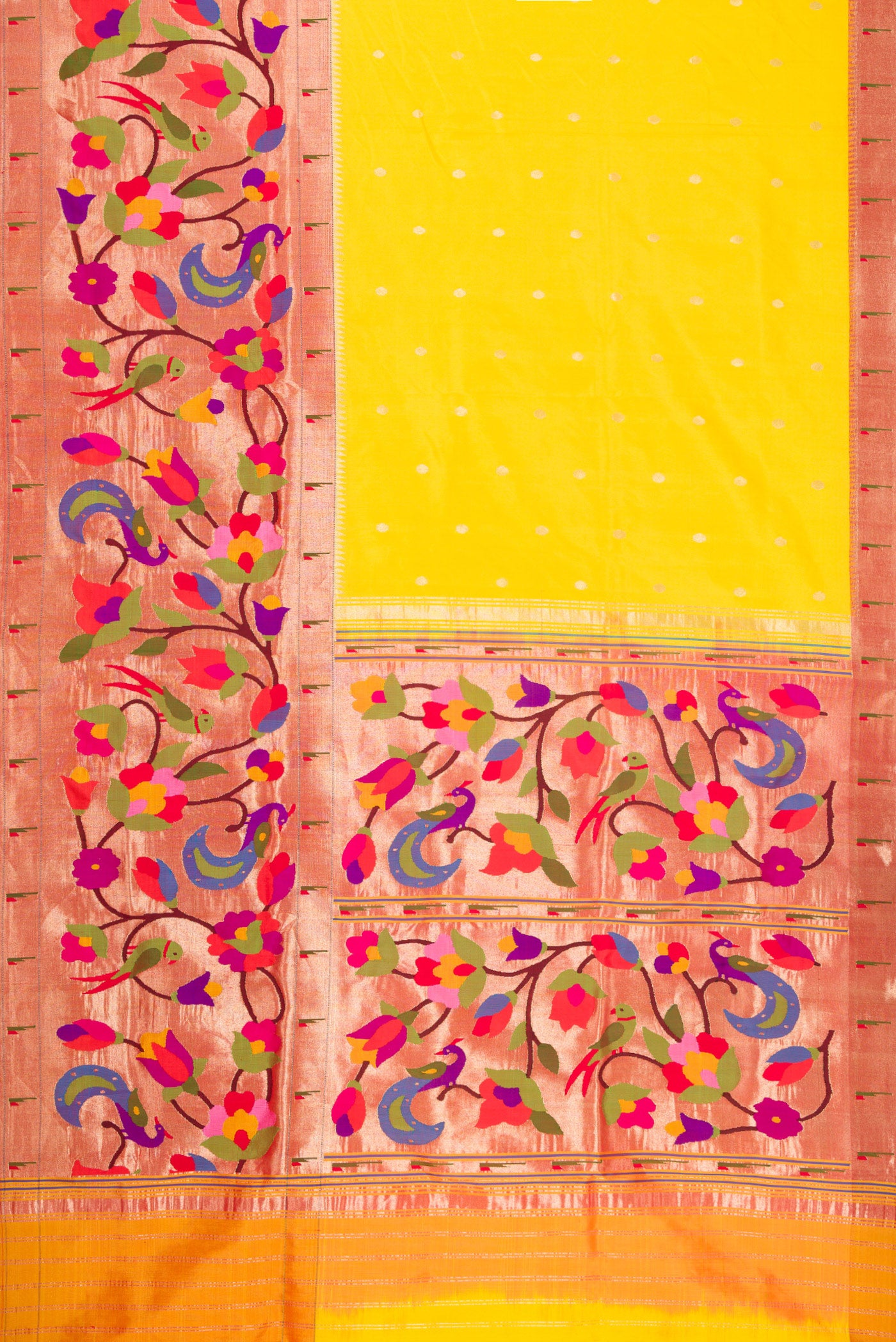 Flat view of Pure Silk Pure Zari Yellow Dual Tone Paithani Saree with Zari Butta on the body and Paithani Border. 