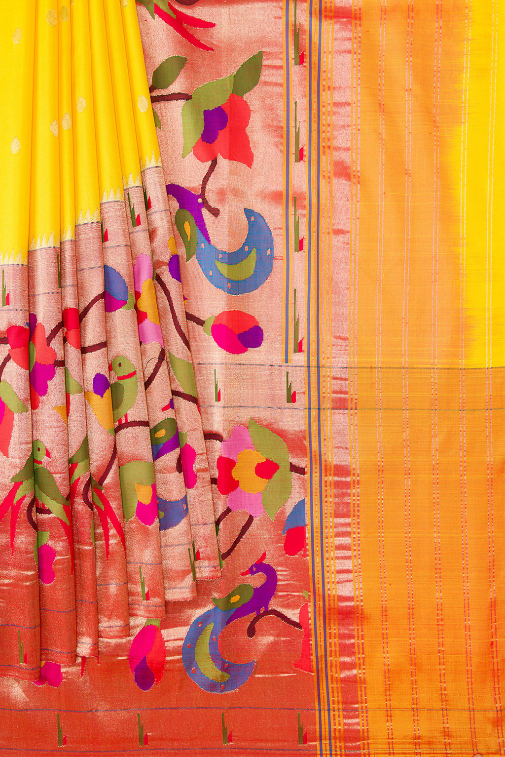 Pleats and pallu of Pure Silk Pure Zari Yellow Dual Tone Paithani Saree with Zari Butta on the body and Paithani Border. 