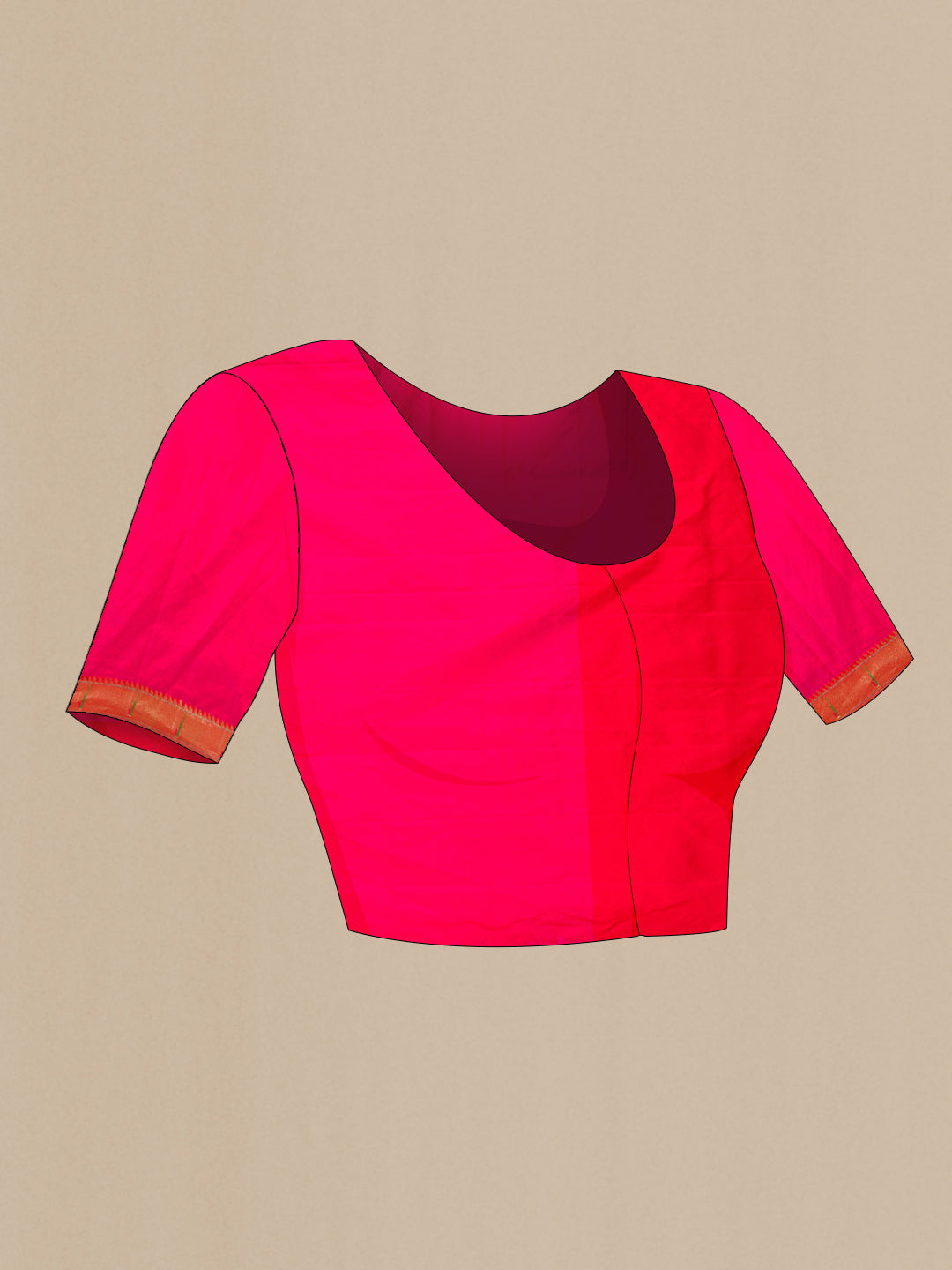 Close up image of the blouse of Pure Silk Pure Zari Pink Dual Tone Paithani Saree with Zari Butta on the body and Paithani Border. 
