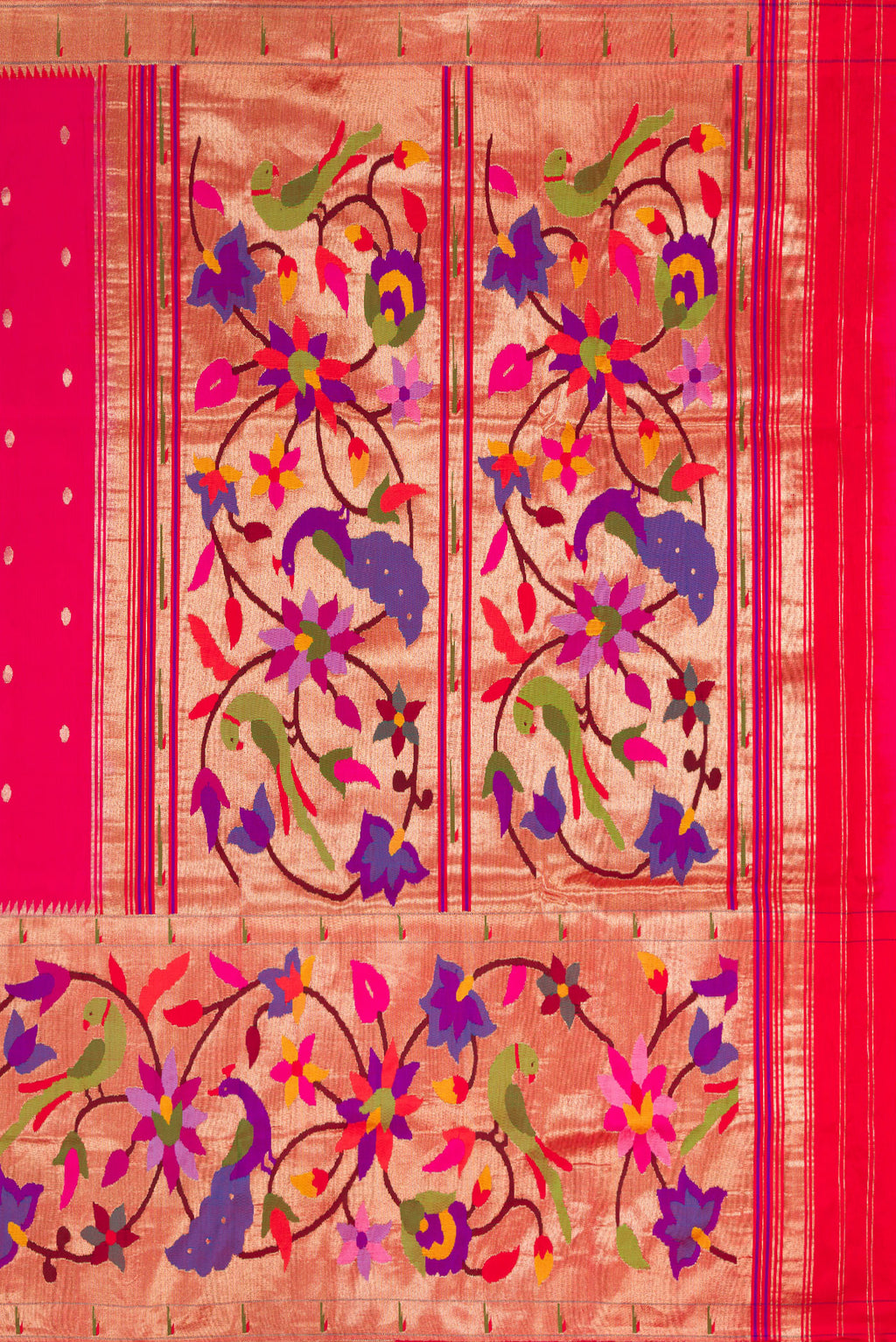 Close up image of the pallu of Pure Silk Pure Zari Pink Dual Tone Paithani Saree with Zari Butta on the body and Paithani Border. 