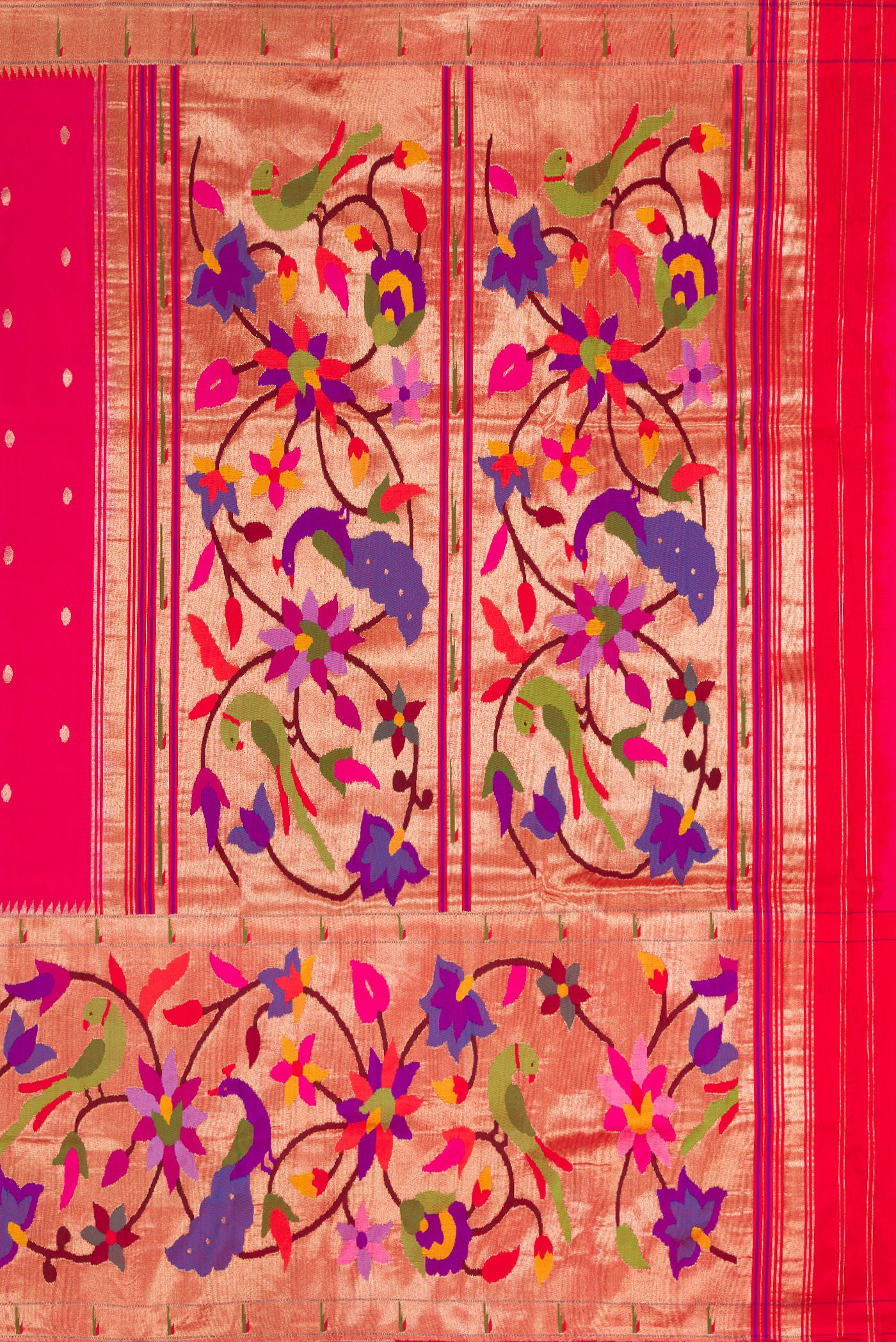 Close up image of the pallu of Pure Silk Pure Zari Pink Dual Tone Paithani Saree with Zari Butta on the body and Paithani Border. 
