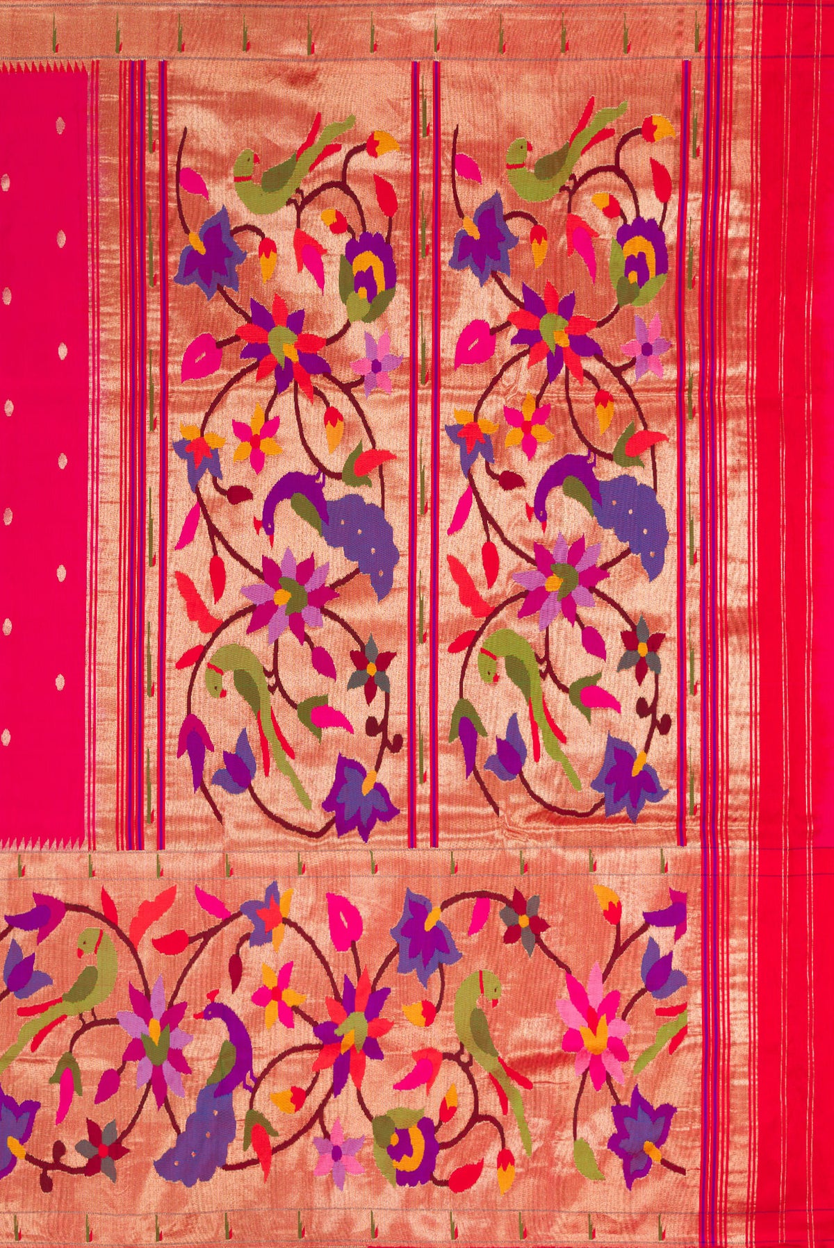 Close up image of the pallu of Pure Silk Pure Zari Pink Dual Tone Paithani Saree with Zari Butta on the body and Paithani Border. 
