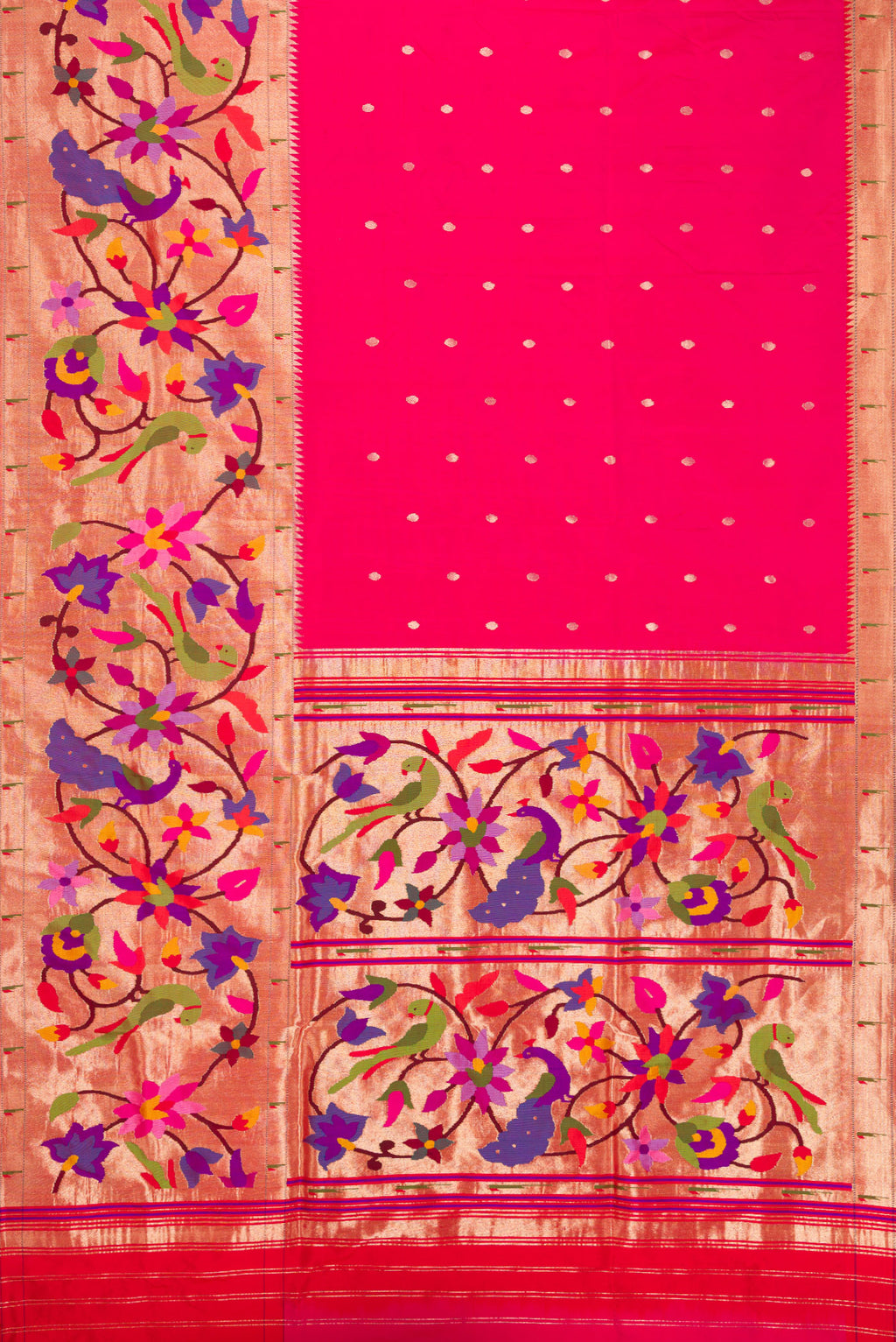 Flat view of Pure Silk Pure Zari Pink Dual Tone Paithani Saree with Zari Butta on the body and Paithani Border. 