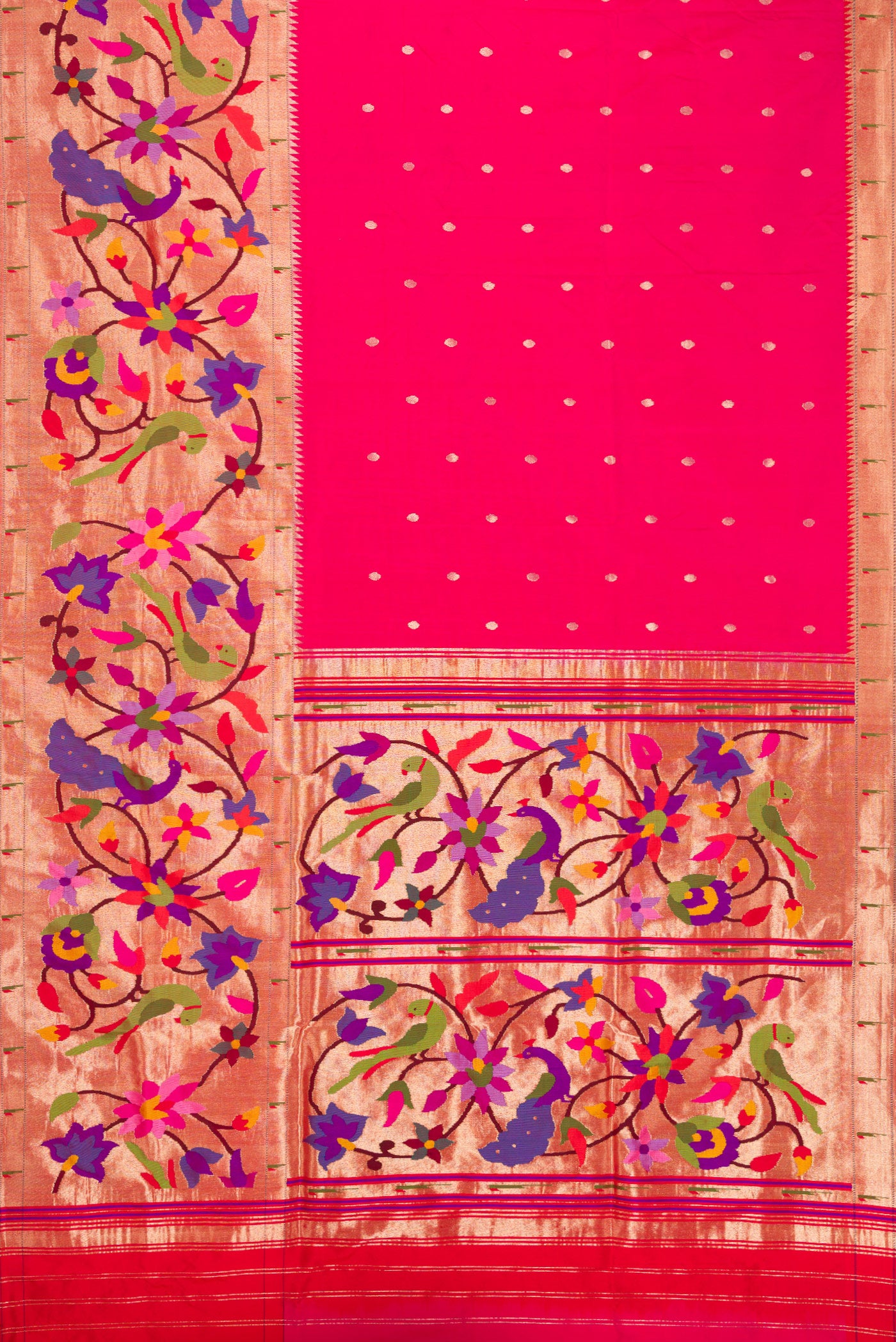 Flat view of Pure Silk Pure Zari Pink Dual Tone Paithani Saree with Zari Butta on the body and Paithani Border. 