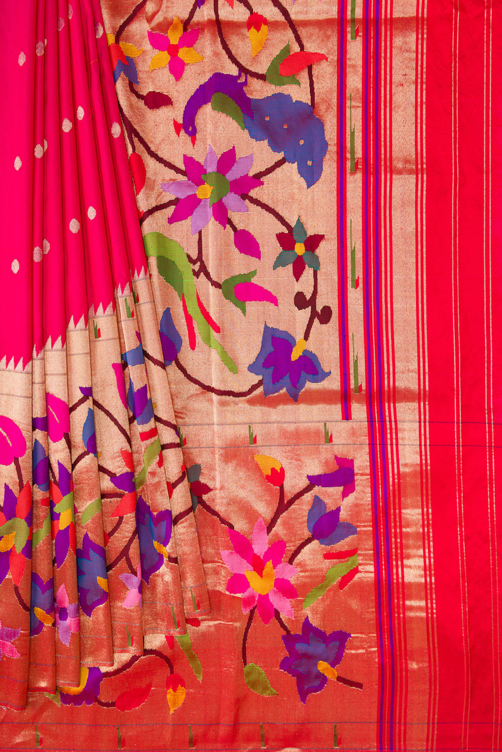 Pleats and pallu of Pure Silk Pure Zari Pink Dual Tone Paithani Saree with Zari Butta on the body and Paithani Border. 