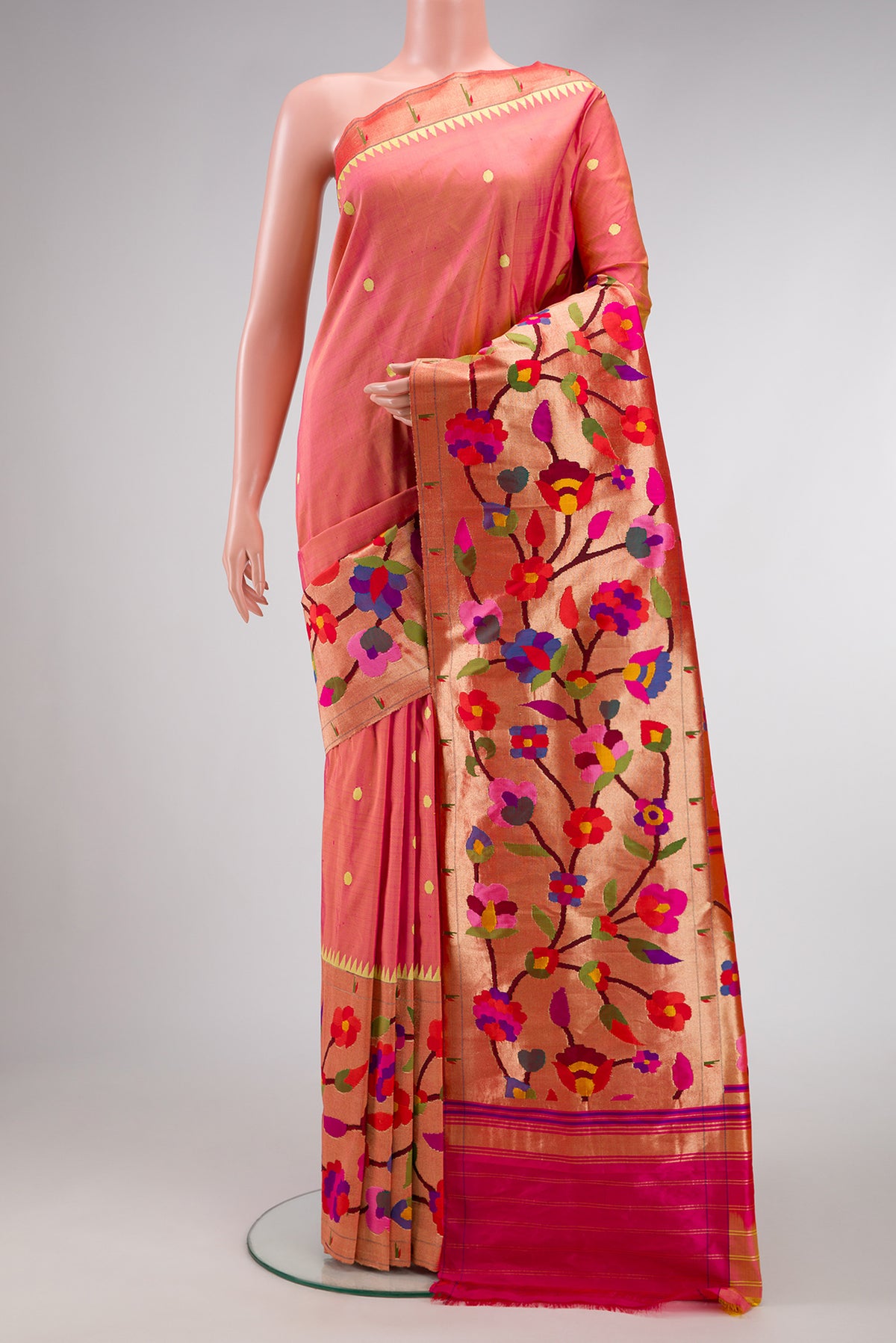Pure Silk Pure Zari Pink Dual Tone Paithani Saree with Zari Butta on the body and Paithani Border.  displayed on a mannequin