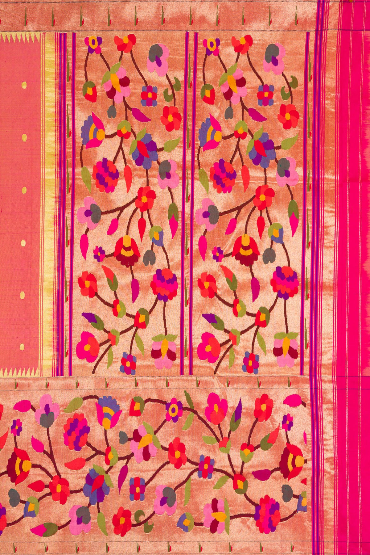 Close up image of the pallu of Pure Silk Pure Zari Pink Dual Tone Paithani Saree with Zari Butta on the body and Paithani Border. 