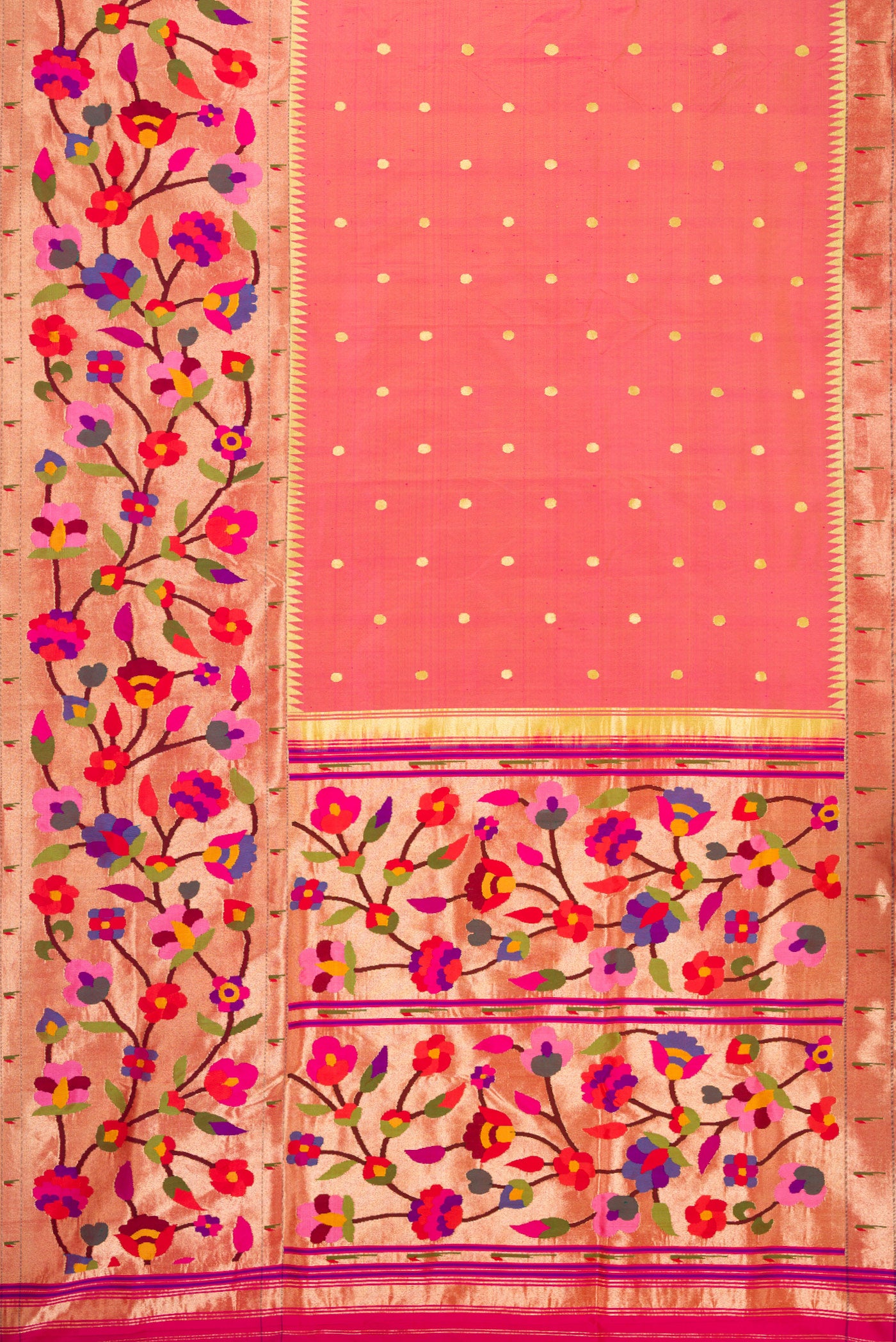 Flat view of Pure Silk Pure Zari Pink Dual Tone Paithani Saree with Zari Butta on the body and Paithani Border. 