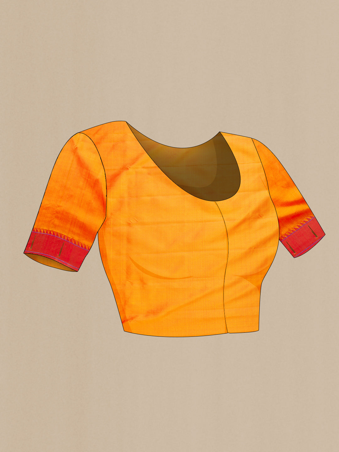 Close up image of the blouse of Pure Silk Pure Zari Mustard Dual Tone Paithani Saree with Zari Butta on the body and Paithani Border. 