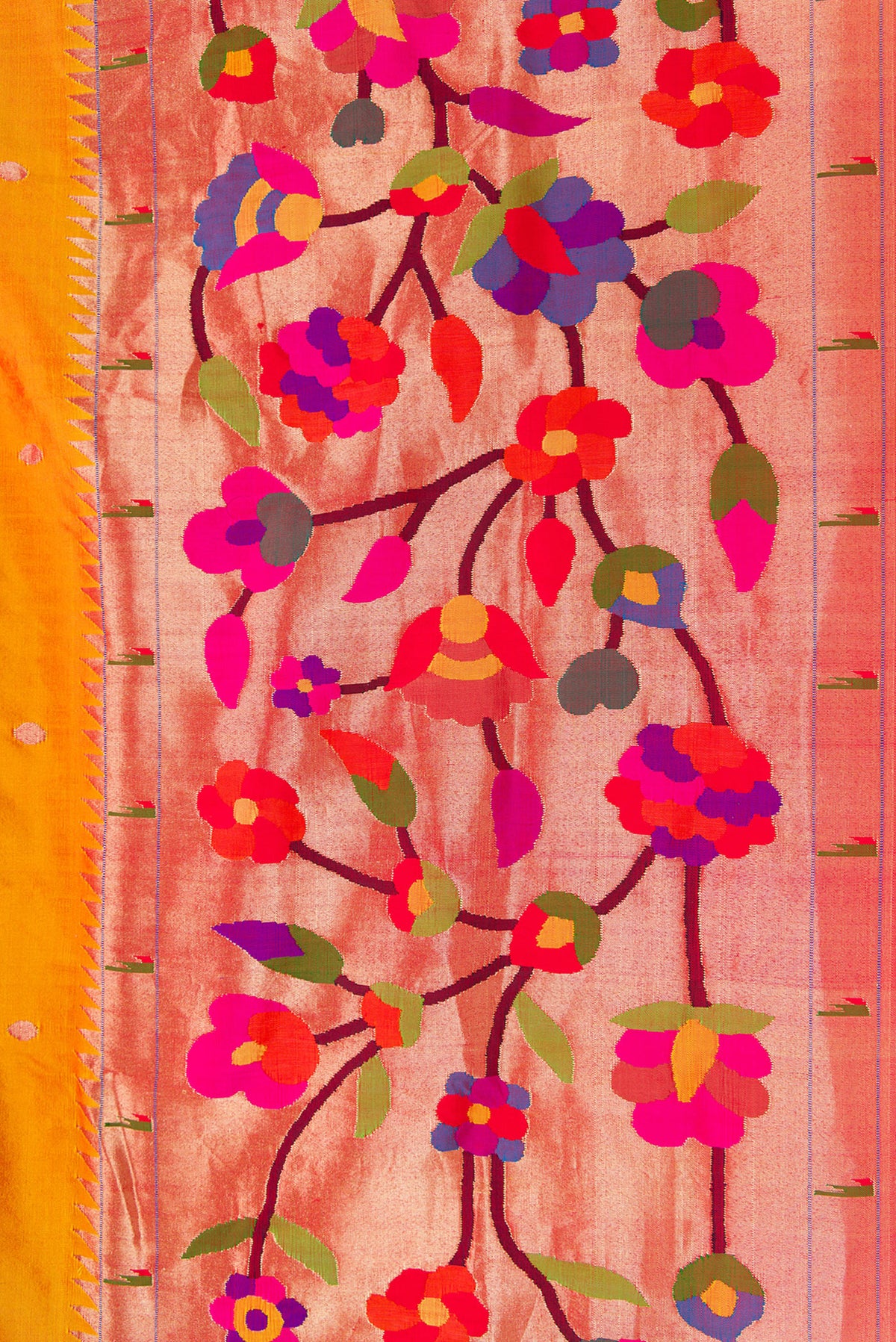 Border image of Pure Silk Pure Zari Mustard Dual Tone Paithani Saree with Zari Butta on the body and Paithani Border. 