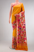 Pure Silk Pure Zari Mustard Dual Tone Paithani Saree with Zari Butta on the body and Paithani Border.  displayed on a mannequin