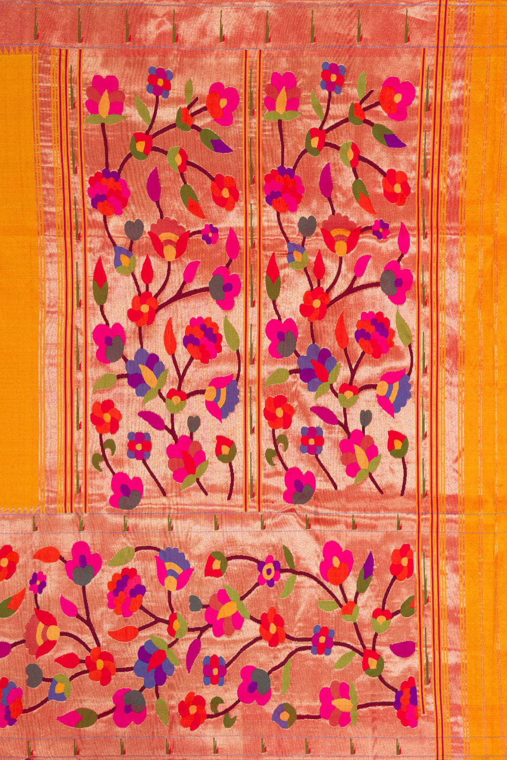 Close up image of the pallu of Pure Silk Pure Zari Mustard Dual Tone Paithani Saree with Zari Butta on the body and Paithani Border. 